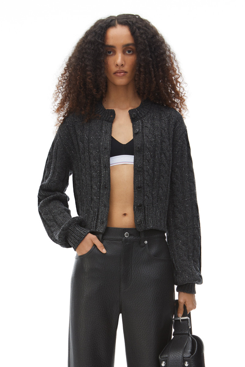 Clear Bead Hotfix Cable-Knit Cardigan in Boiled Wool 2