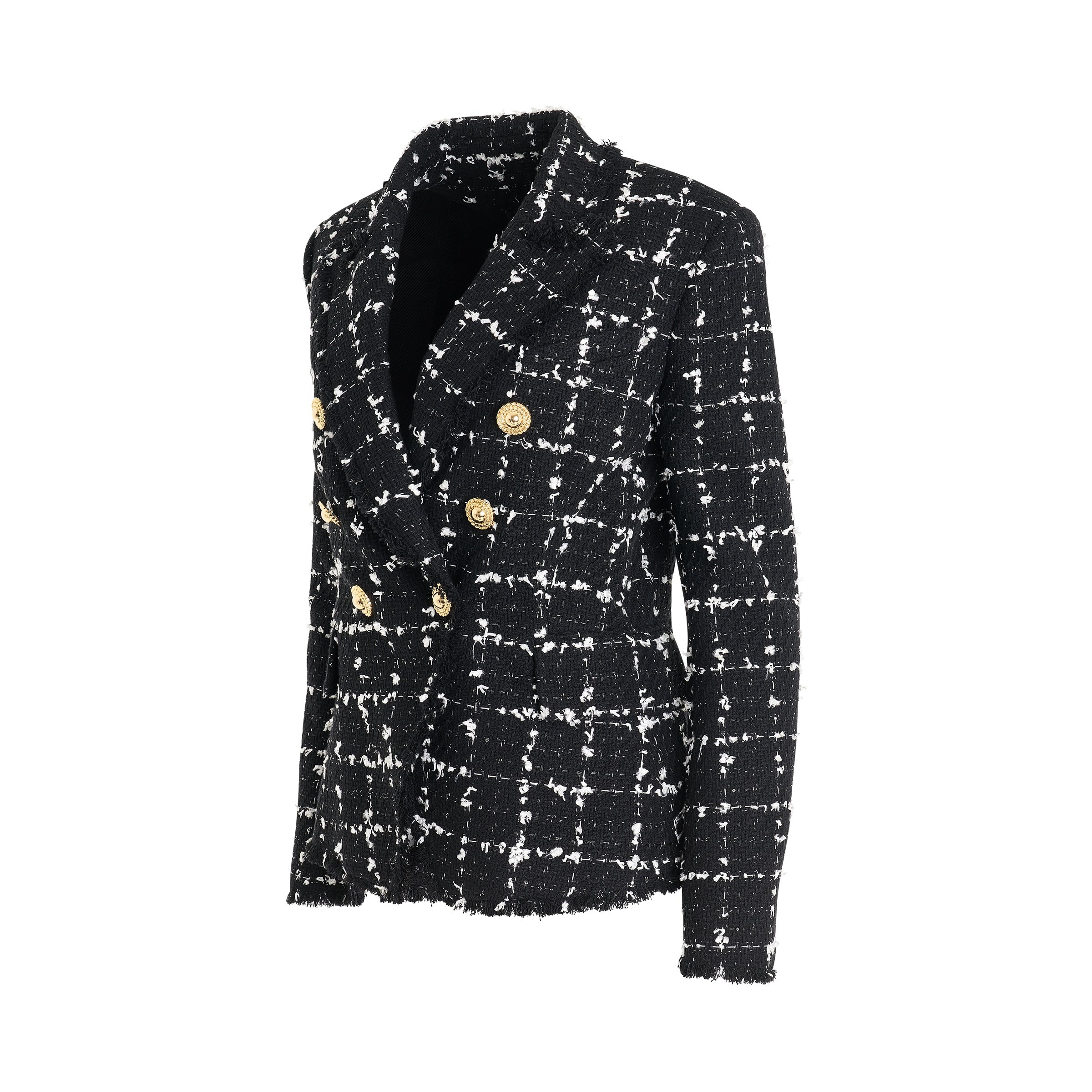 6 Button Double Breasted Tweed Jacket in Black/White/Silver - 2