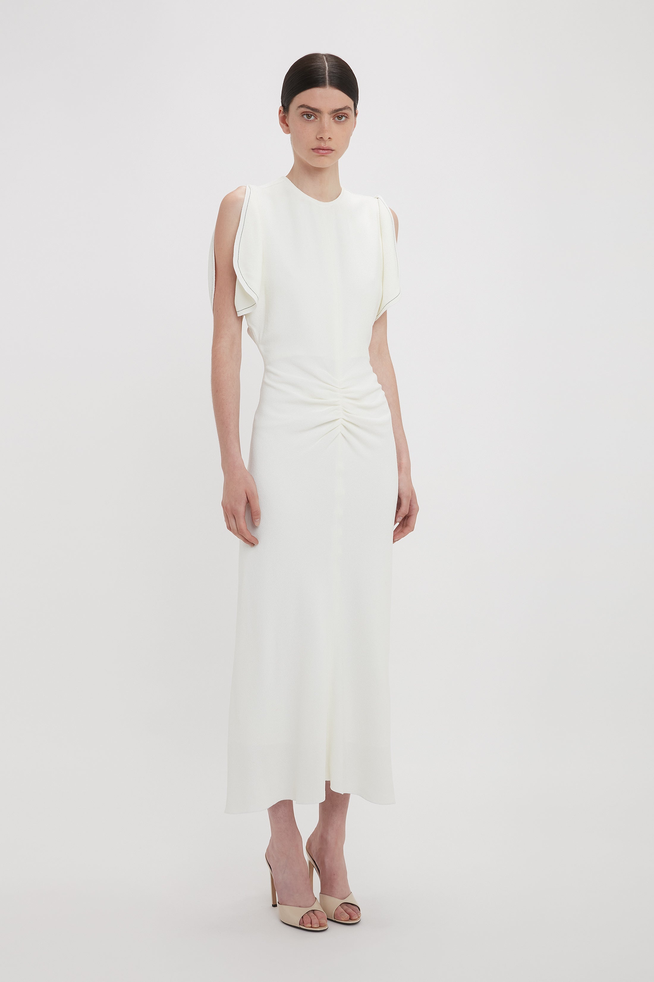 Exclusive Gathered Waist Midi Dress In Ivory - 3