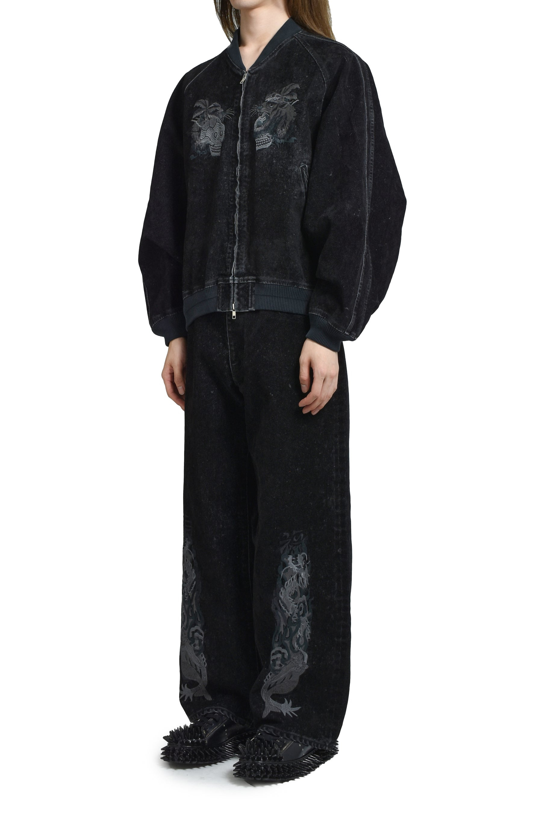 FLOCKED DEINM EMBROIDERED PANTS / BLK - 4