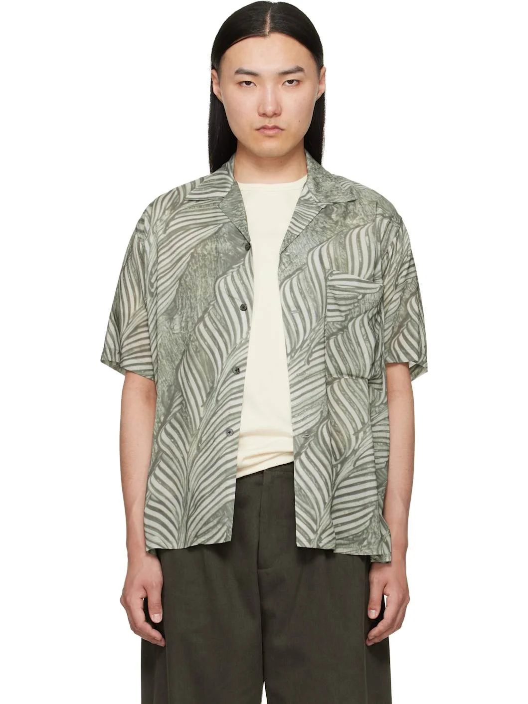 Green Leaf Pattern Printed Rayon Open Collar Shirt - 1