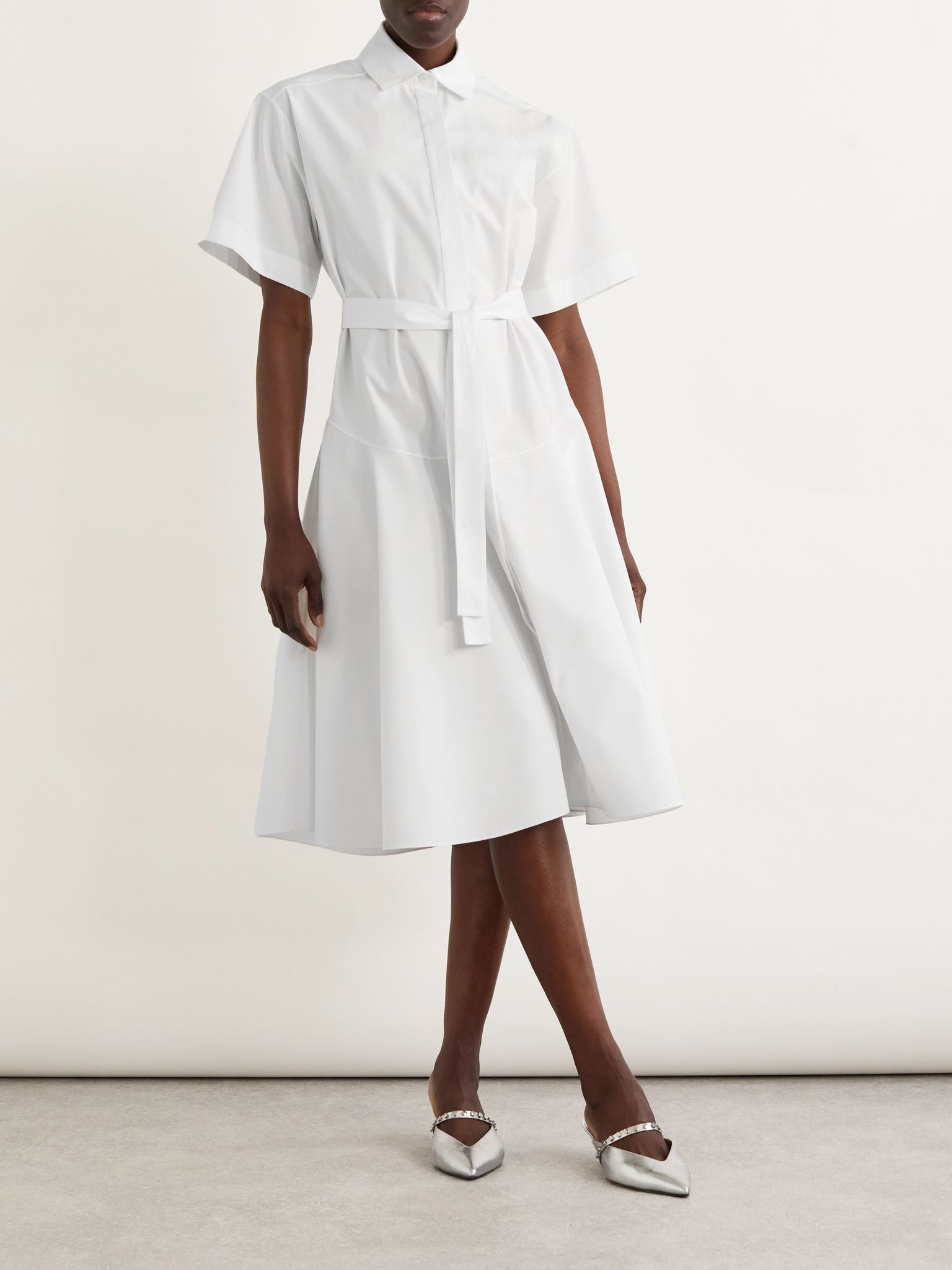 Belted organic cotton-poplin midi shirt dress White - 2