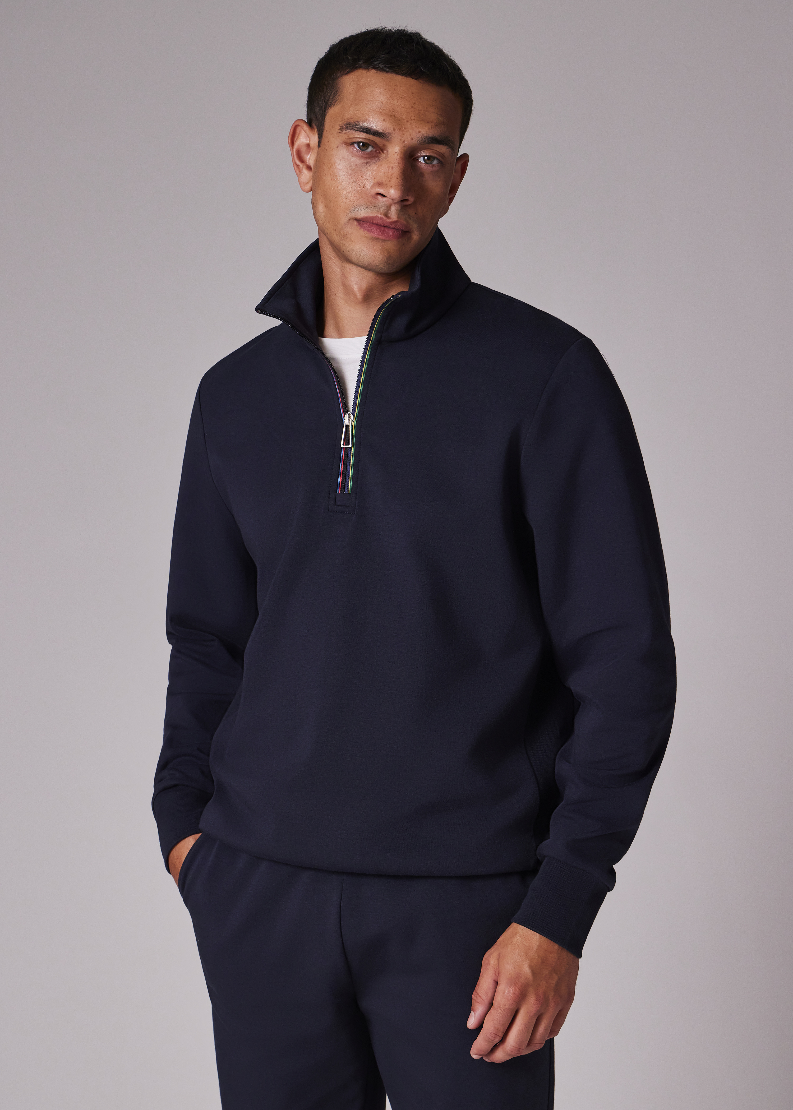 Navy Cotton-Blend 'Sports Stripe' Trim Quarter Zip Sweatshirt - 6