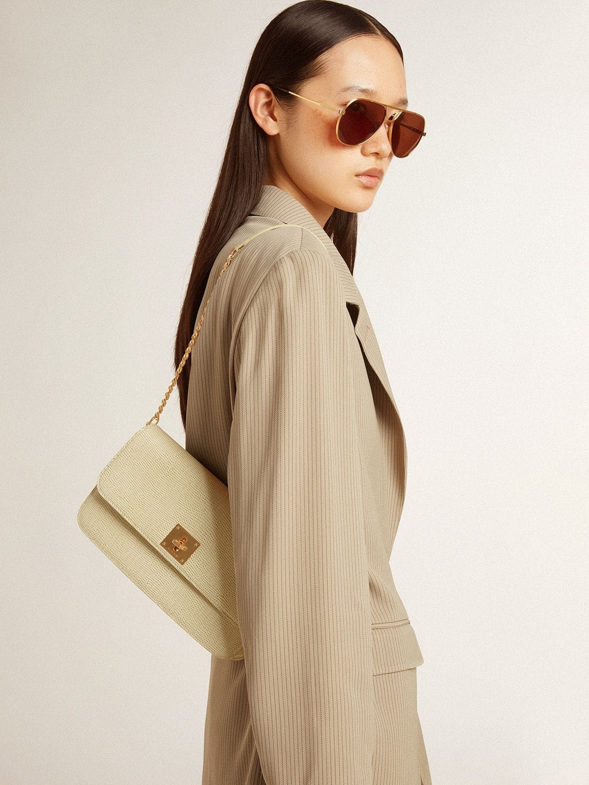 Gioia Bag in mineral-gray sheepskin leather with gold details - 3