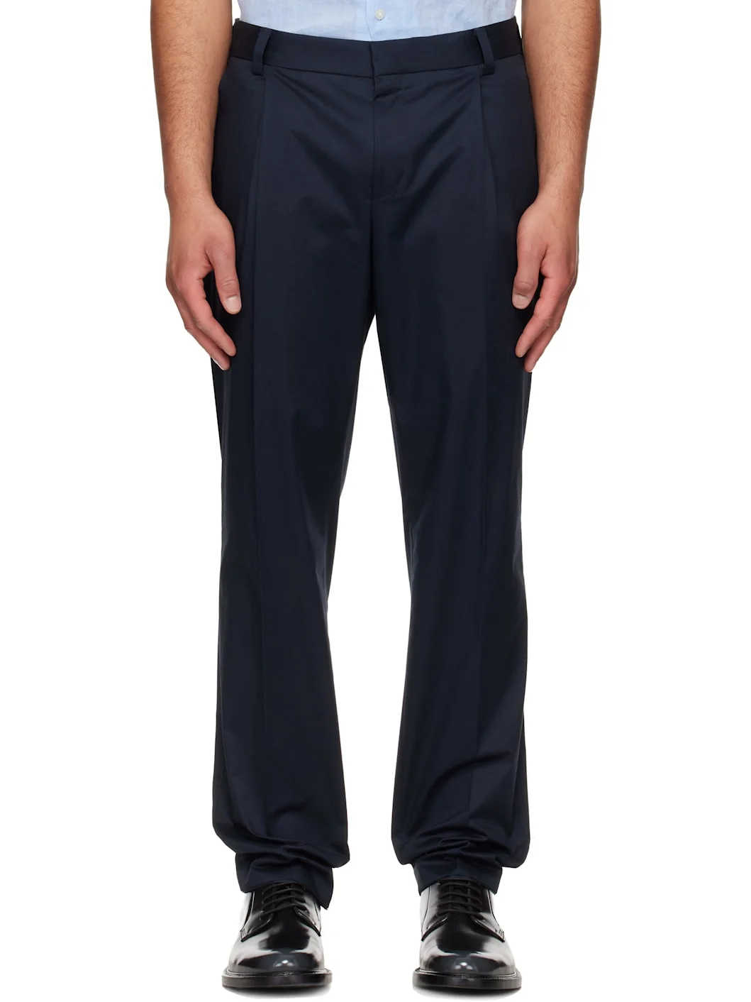 Navy Slim-Fit Paper-Touch Stretch Cotton Trousers - 1