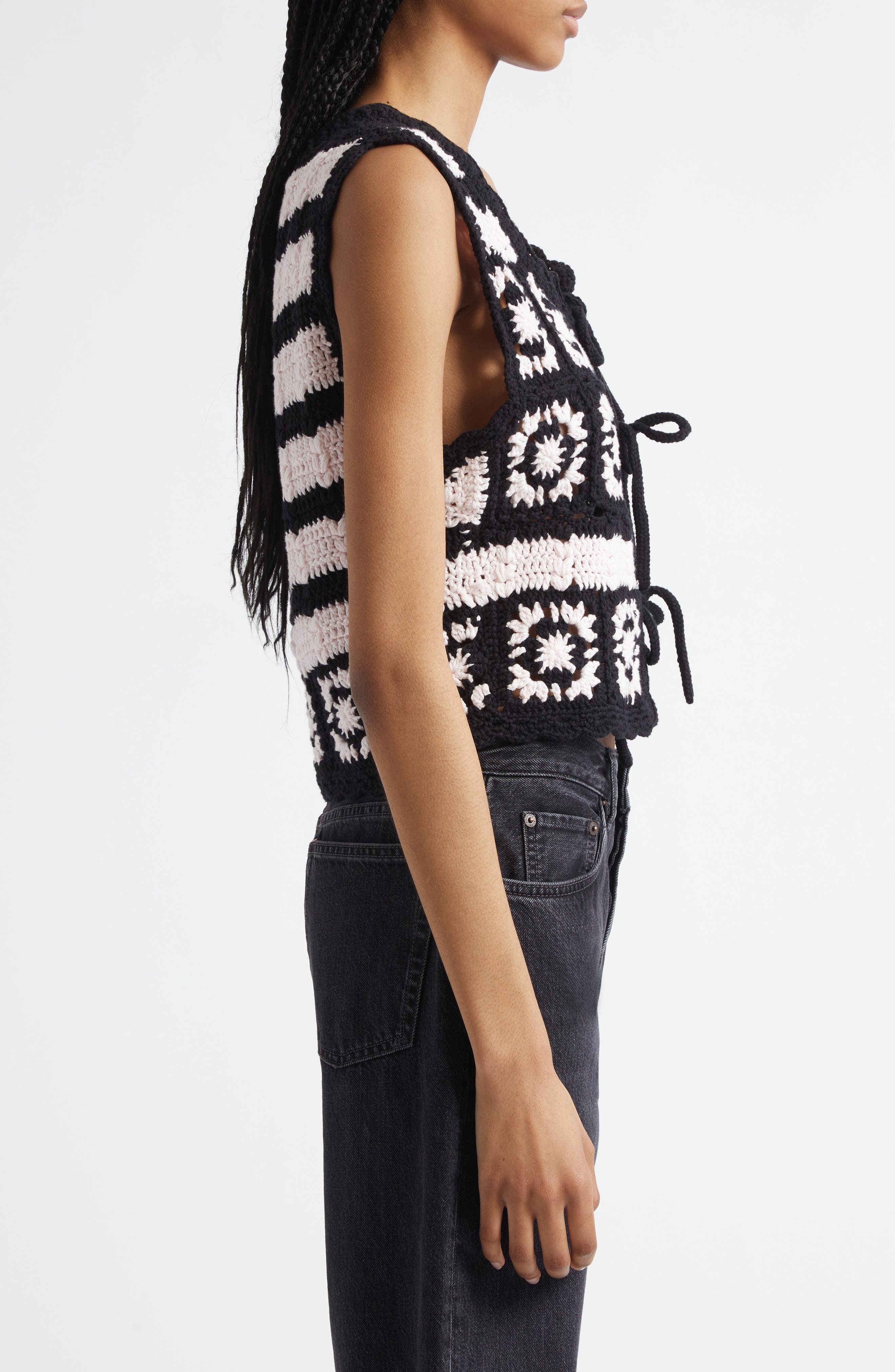 Ganni Organic Cotton Crochet Vest in Primrose Pink/Black at Nordstrom - 3