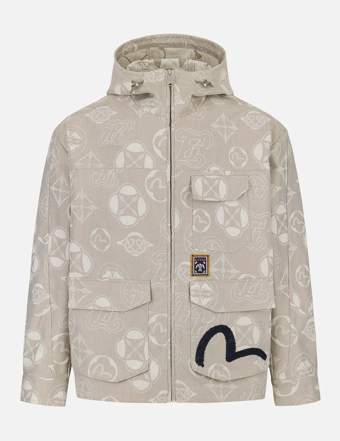 Allover Kamon and Seagull Jacquard Relax Fit Hooded Jacket - 1