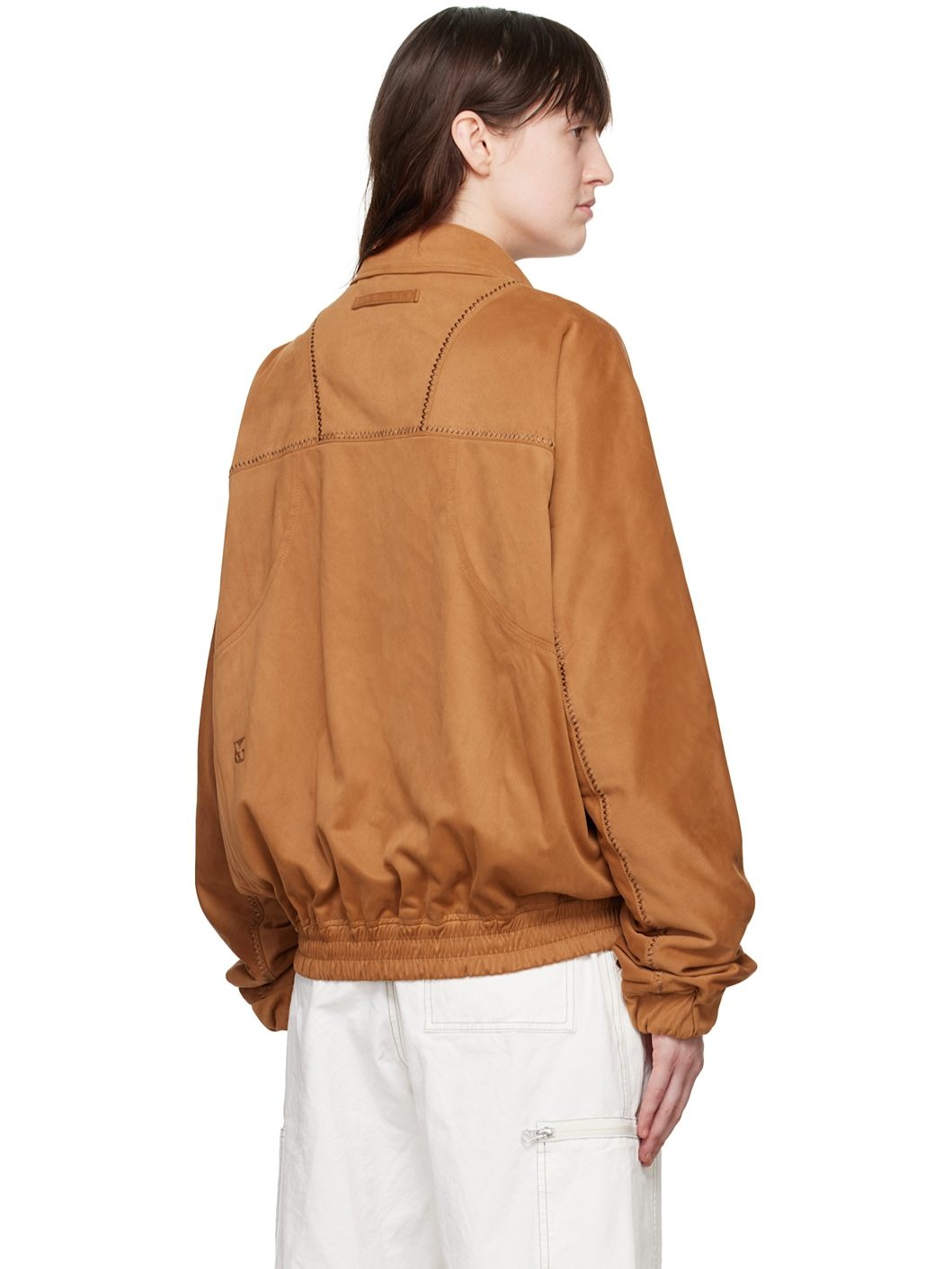 Tan Embroidered Faux-Leather Bomber Jacket - 3