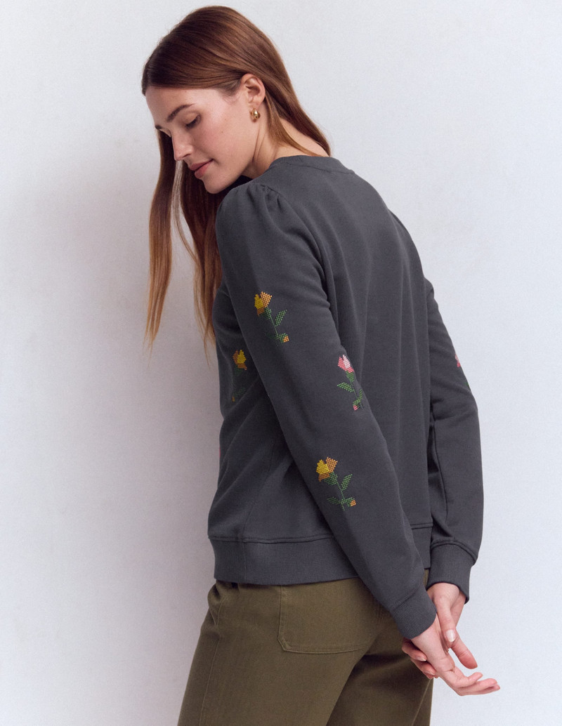 Puff Sleeve Embroidered Sweat-Cross Stitch Flower Embroidery 4
