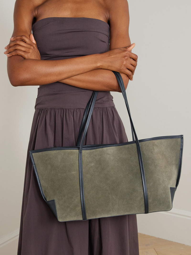 ST. AGNI Bateau leather-trimmed suede tote Army green outlook