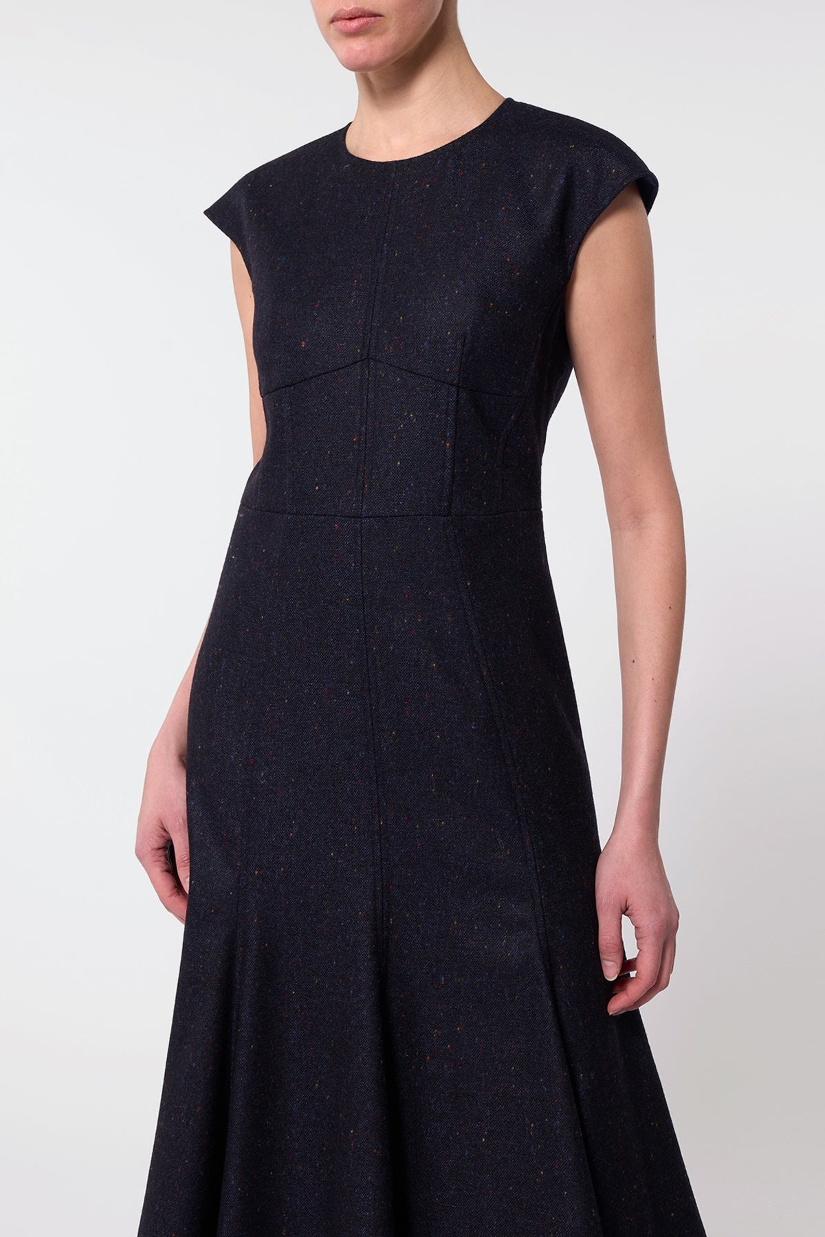 Crowther Midi Dress in Dark Navy Multi Virgin Wool Tweed - 4