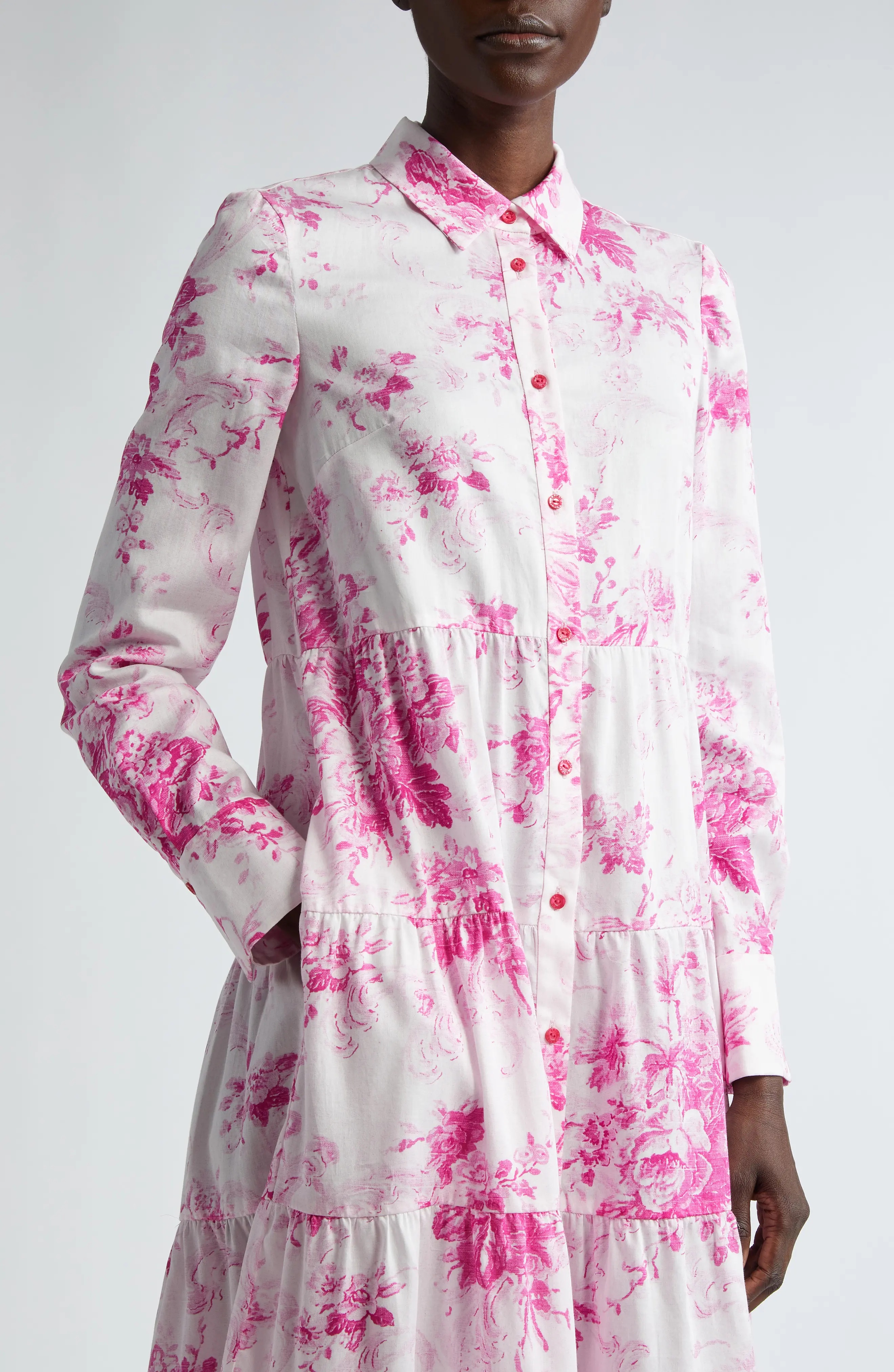 Floral Print Long Sleeve Tiered Shirtdress - 4