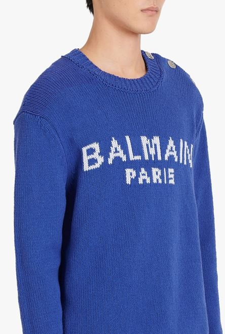 HIGH SUMMER CAPSULE - “Gitane” blue cotton sweater with embroidered white Balmain Paris logo - 6