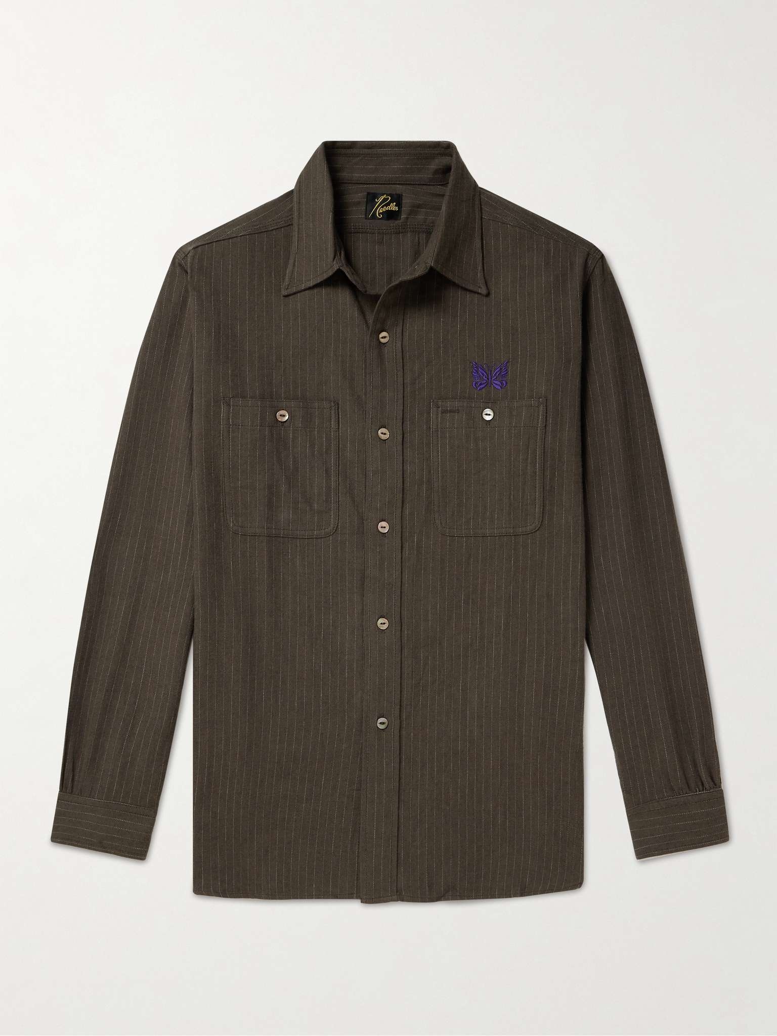 Logo-Embroidered Pinstriped Brushed Cotton-Blend Twill Shirt - 1