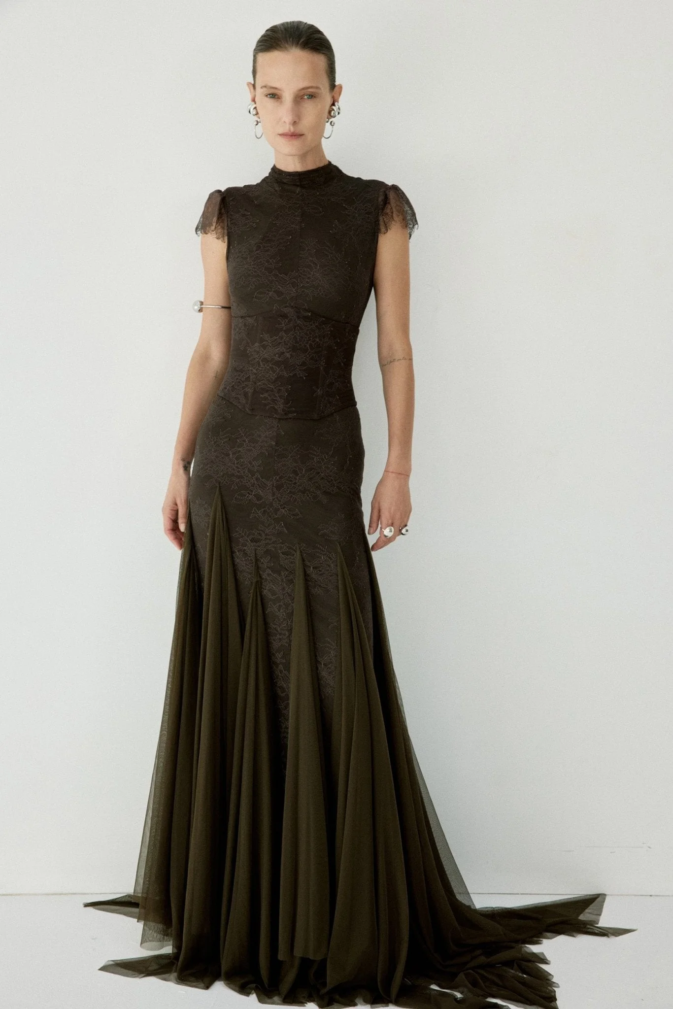 ZEPHYRA MAXI DRESS IN CHOCOLATE BROWN FINE LACE - 1