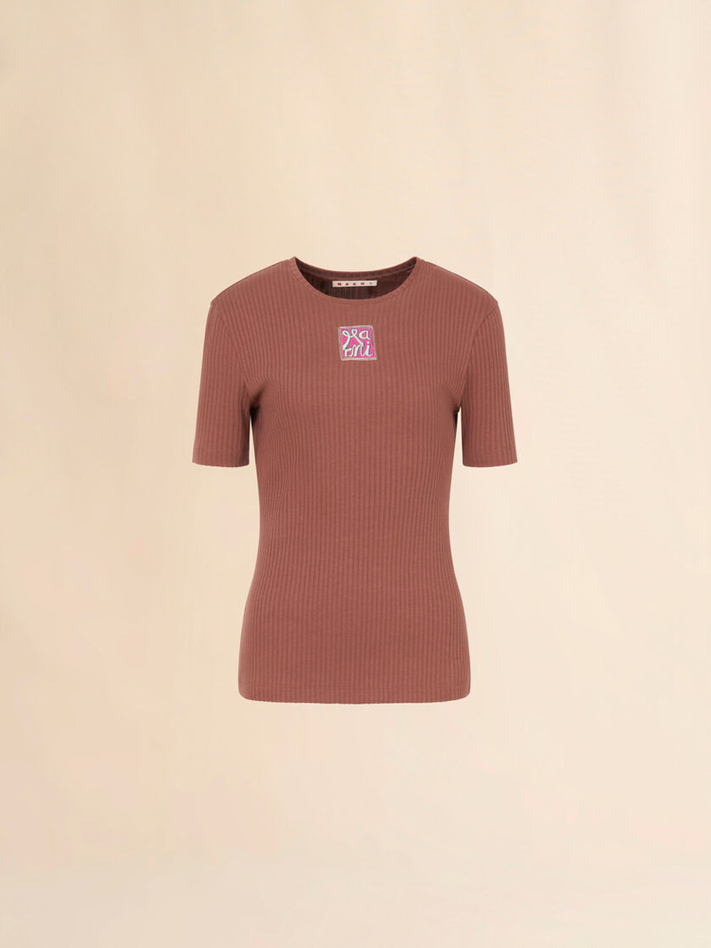 BROWN RIBBED COTTON T-SHIRT WITH MARNI FRAME LOGO 1