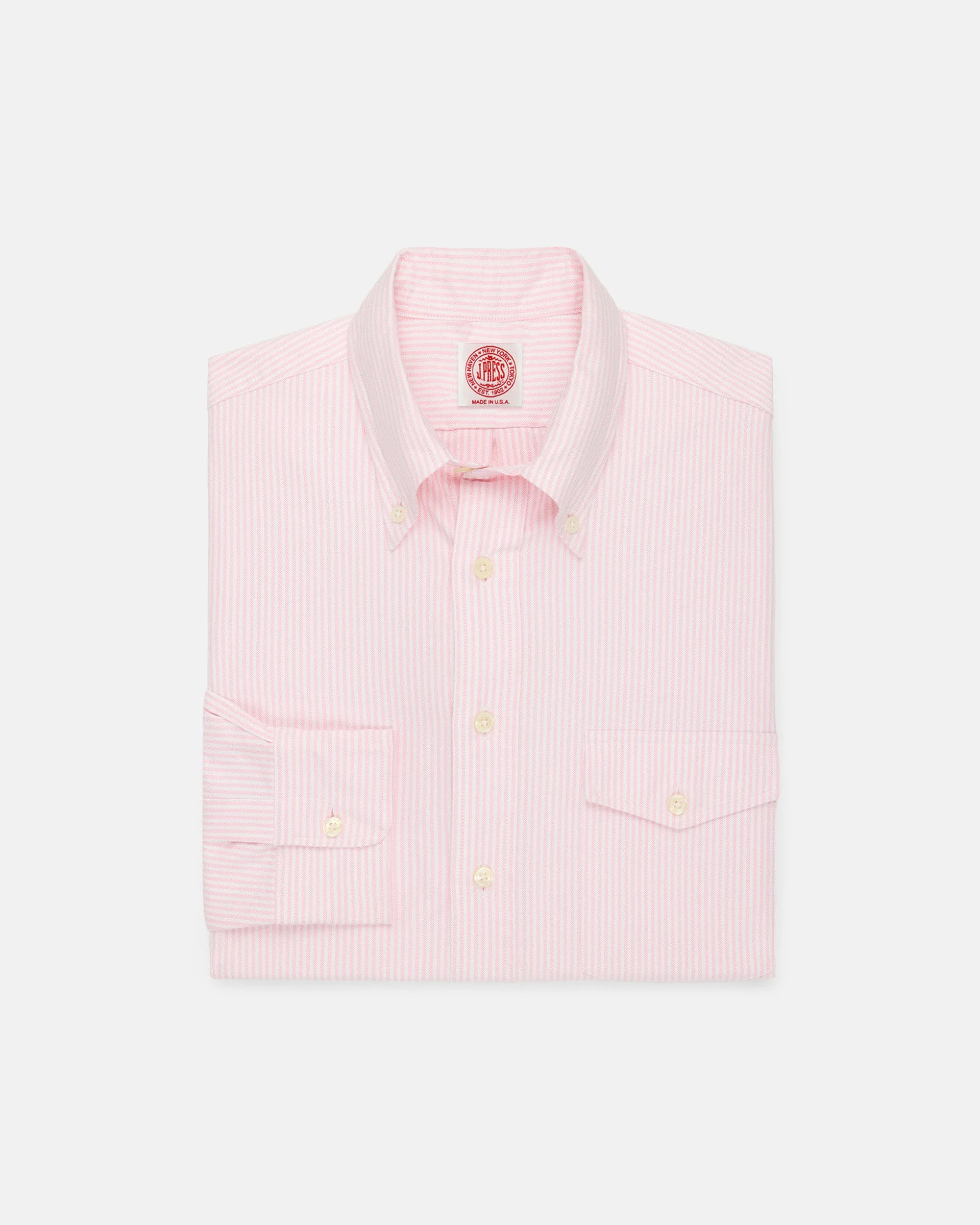 MADE-IN-USA FLAP POCKET PINK UNIVERSITY STRIPE OXFORD CLOTH BUTTON DOWN SPORTSHIRT - CLASSIC FIT - 1