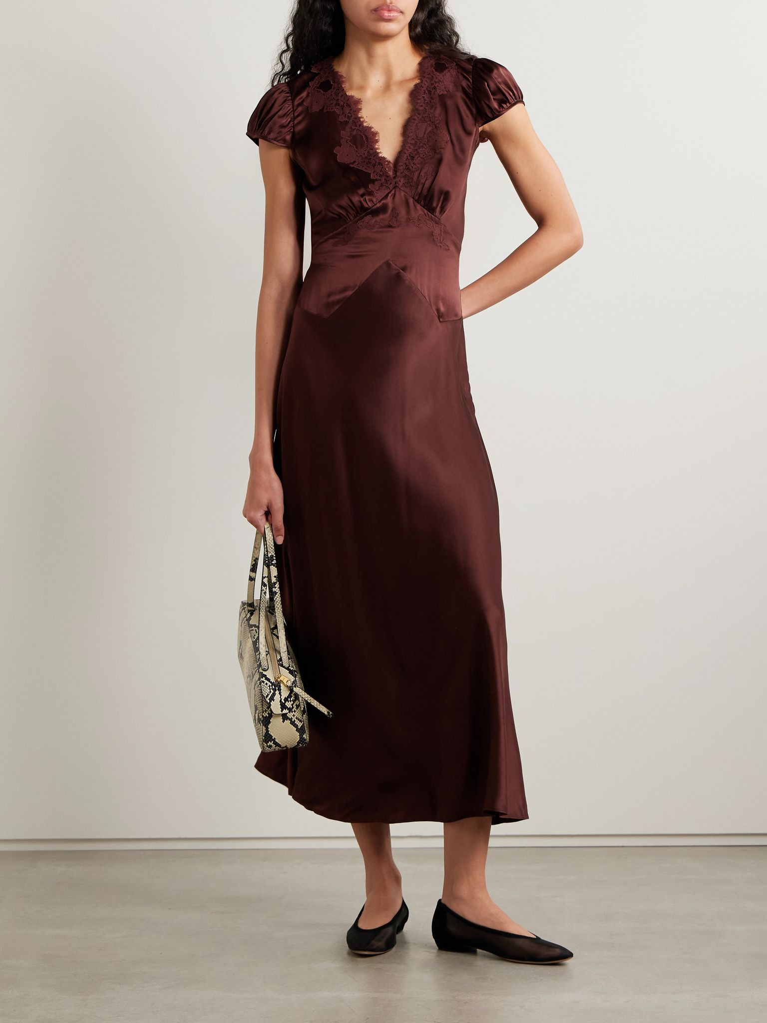 Coraline corded lace-trimmed silk-satin maxi dress Brown - 2