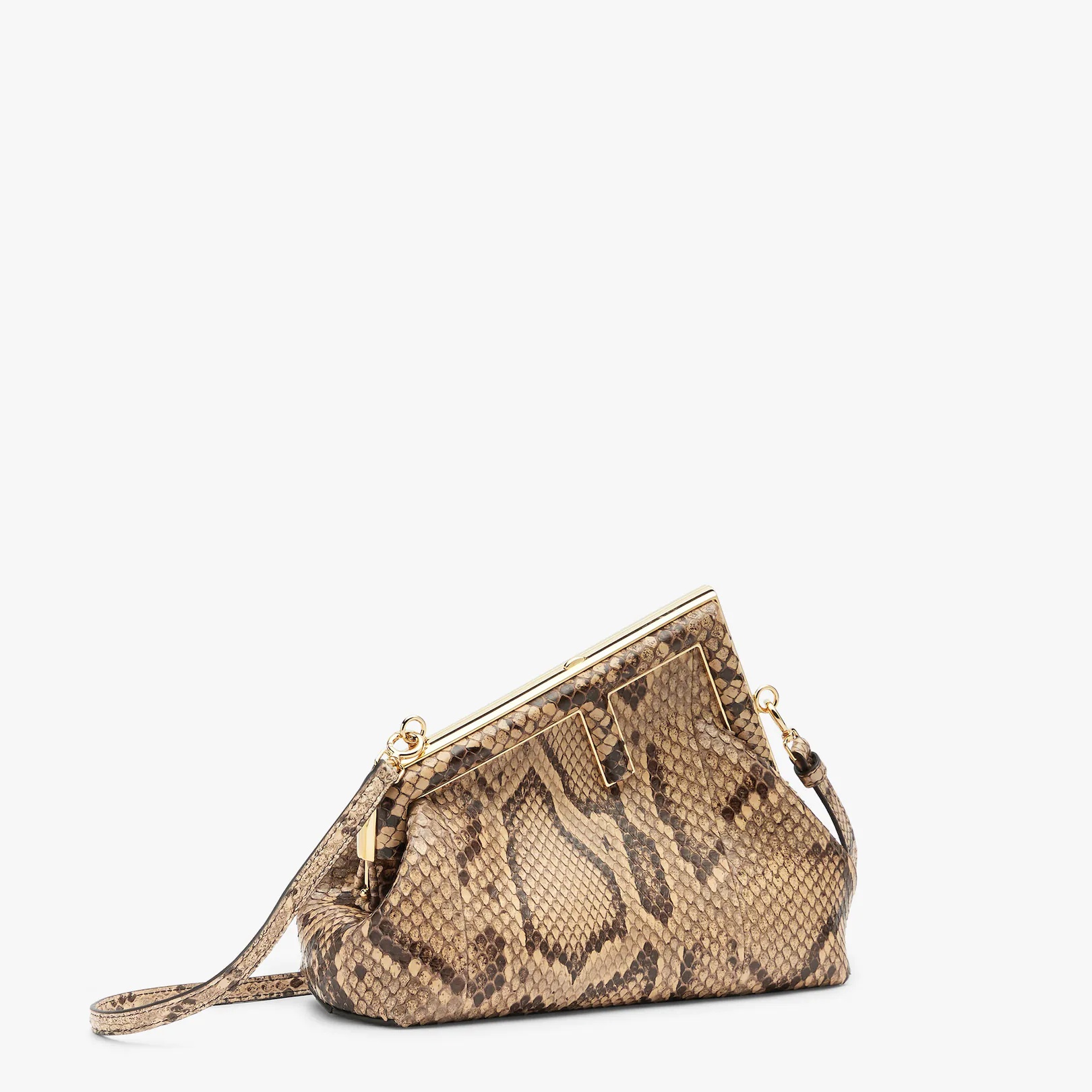 Small Fendi First bag in exquisite brown python leather with an oversized F metal clasp with tone on - 2