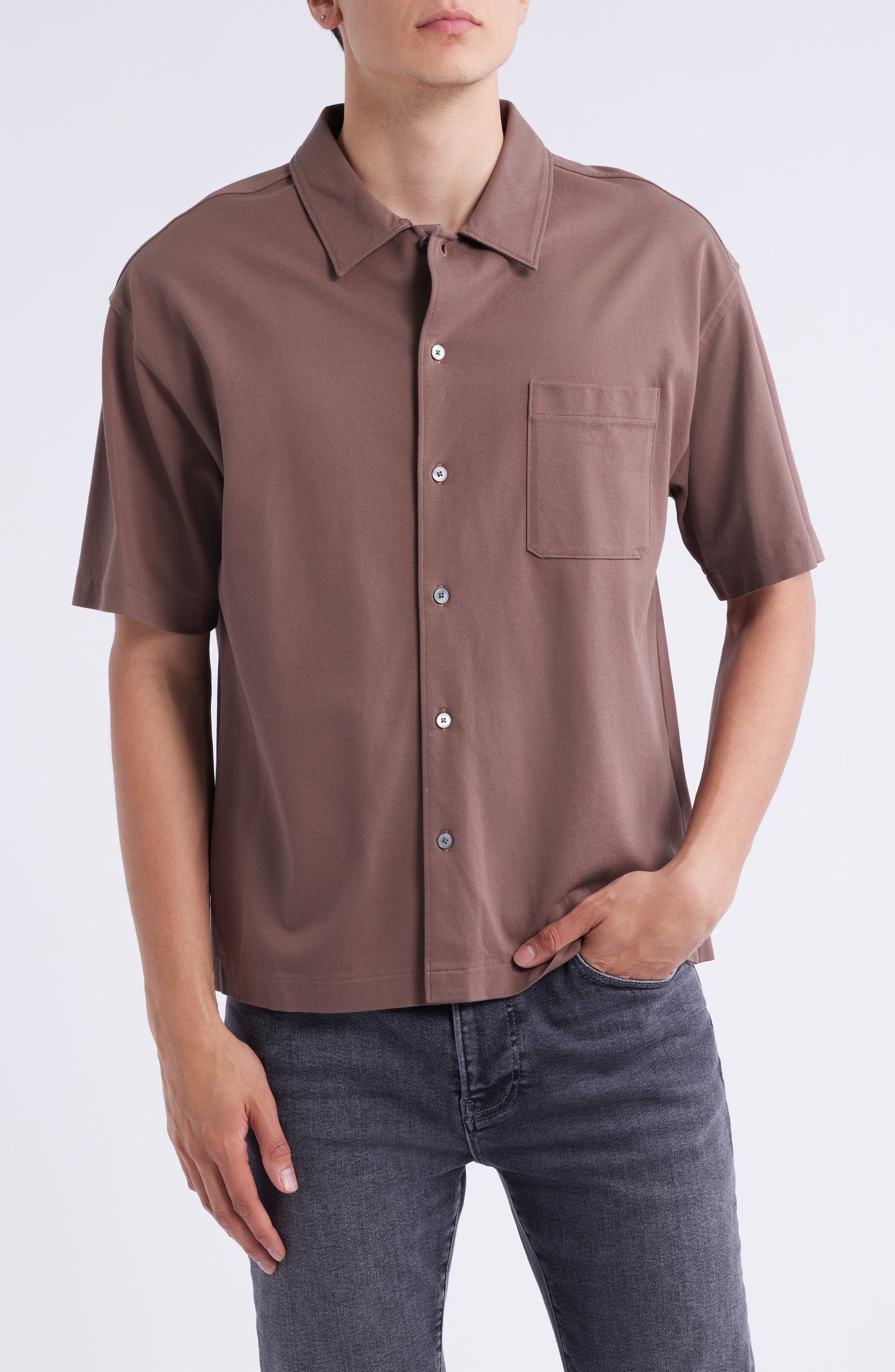 FRAME Short Sleeve Piqué Button-Up Shirt in Mauve at Nordstrom - 1
