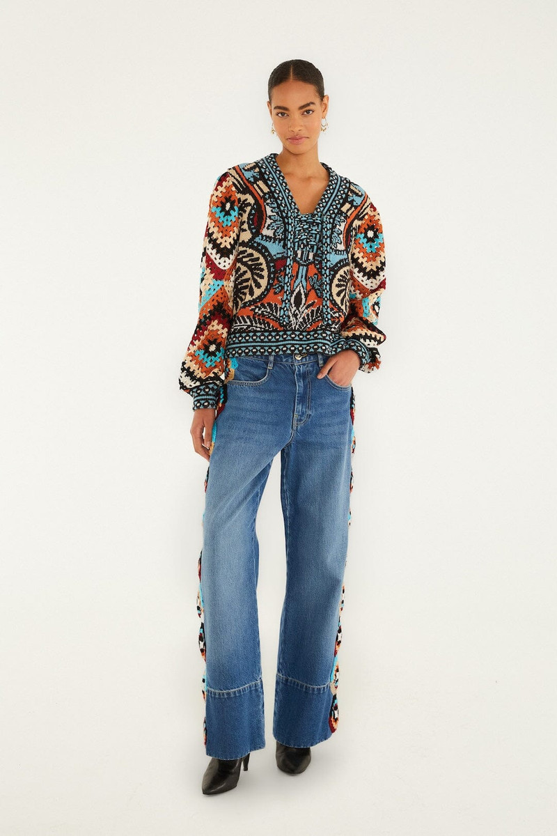 Multicolor Balamana Crochet Sleeve Knit Sweater 4