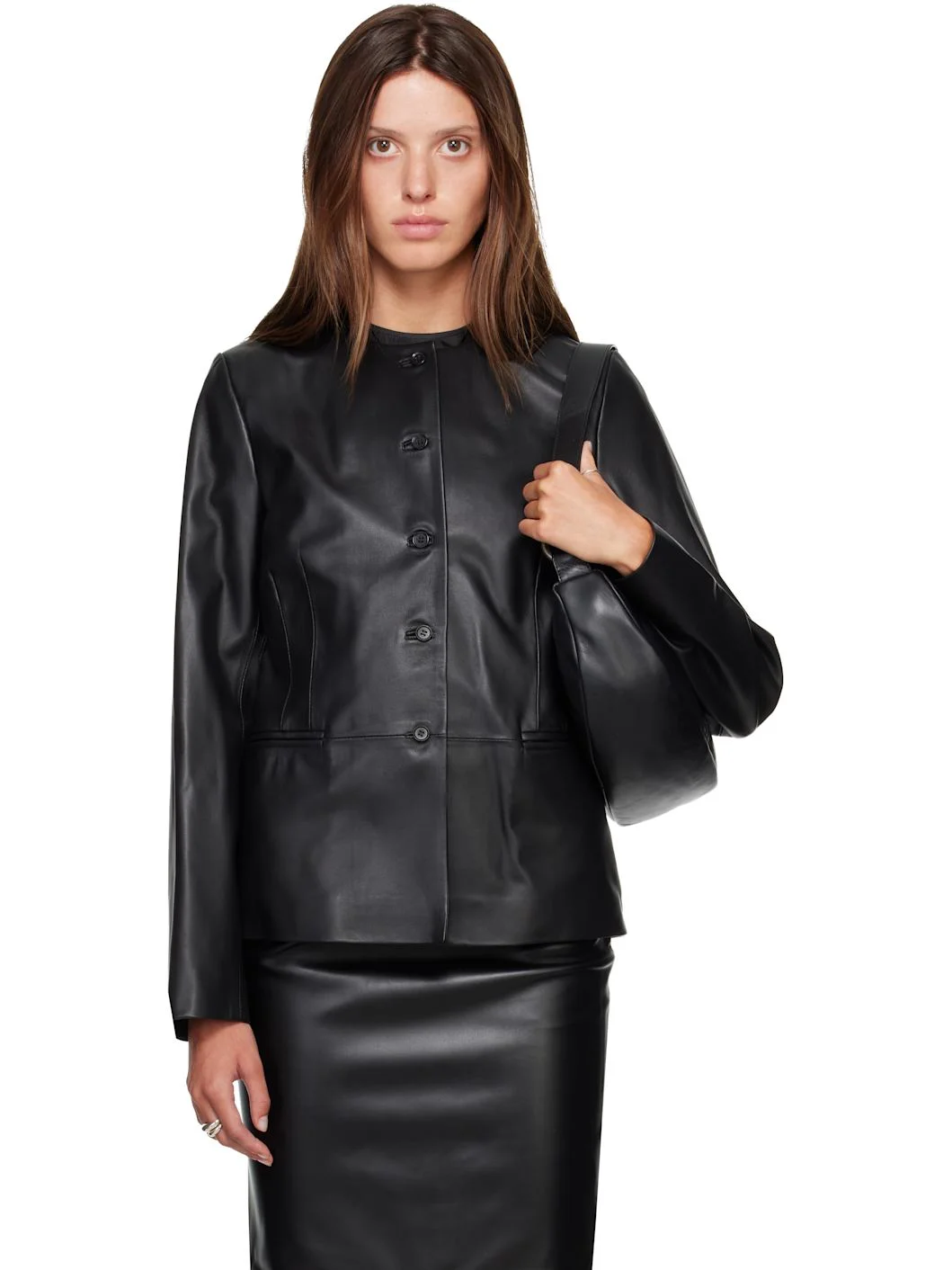 Black ADEA Collarless Leather Jacket - 1