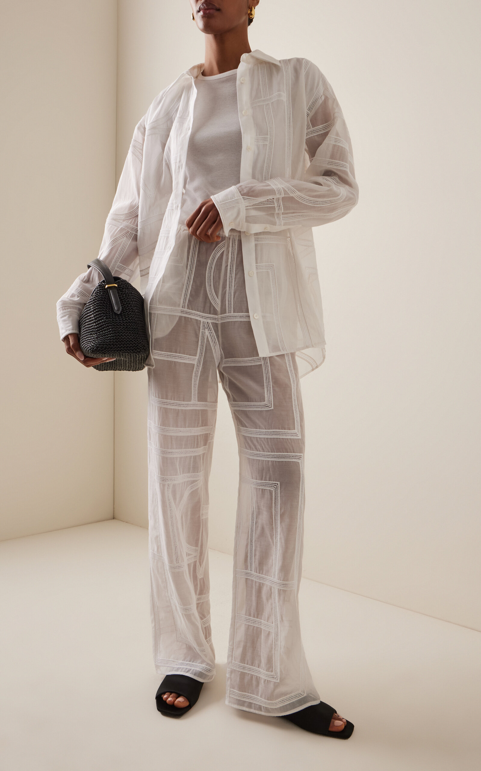Embroidered Cotton-Silk Wide-Leg Pants white - 2