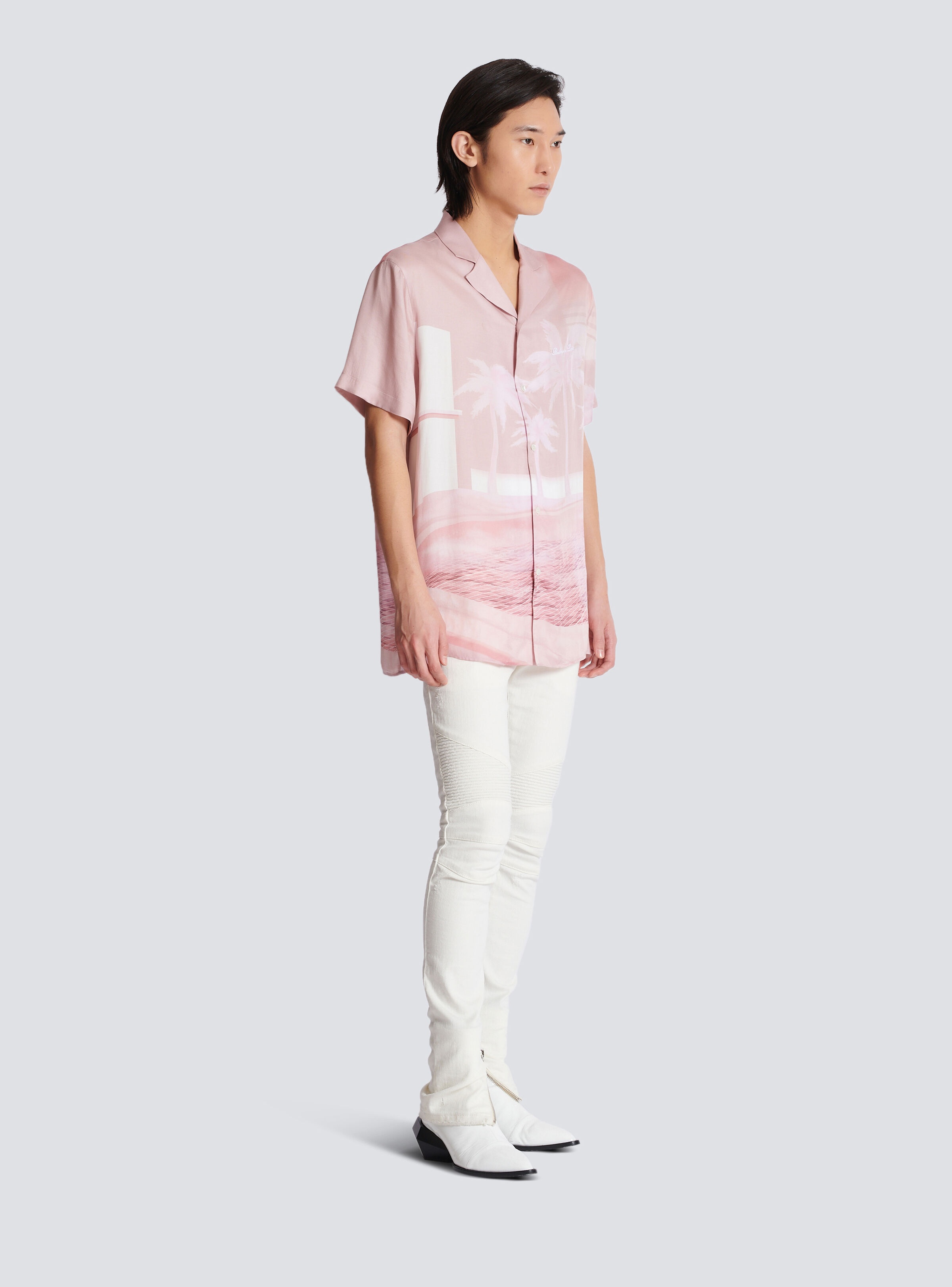 Short-sleeved twill pyjama shirt with Postcard print - 3