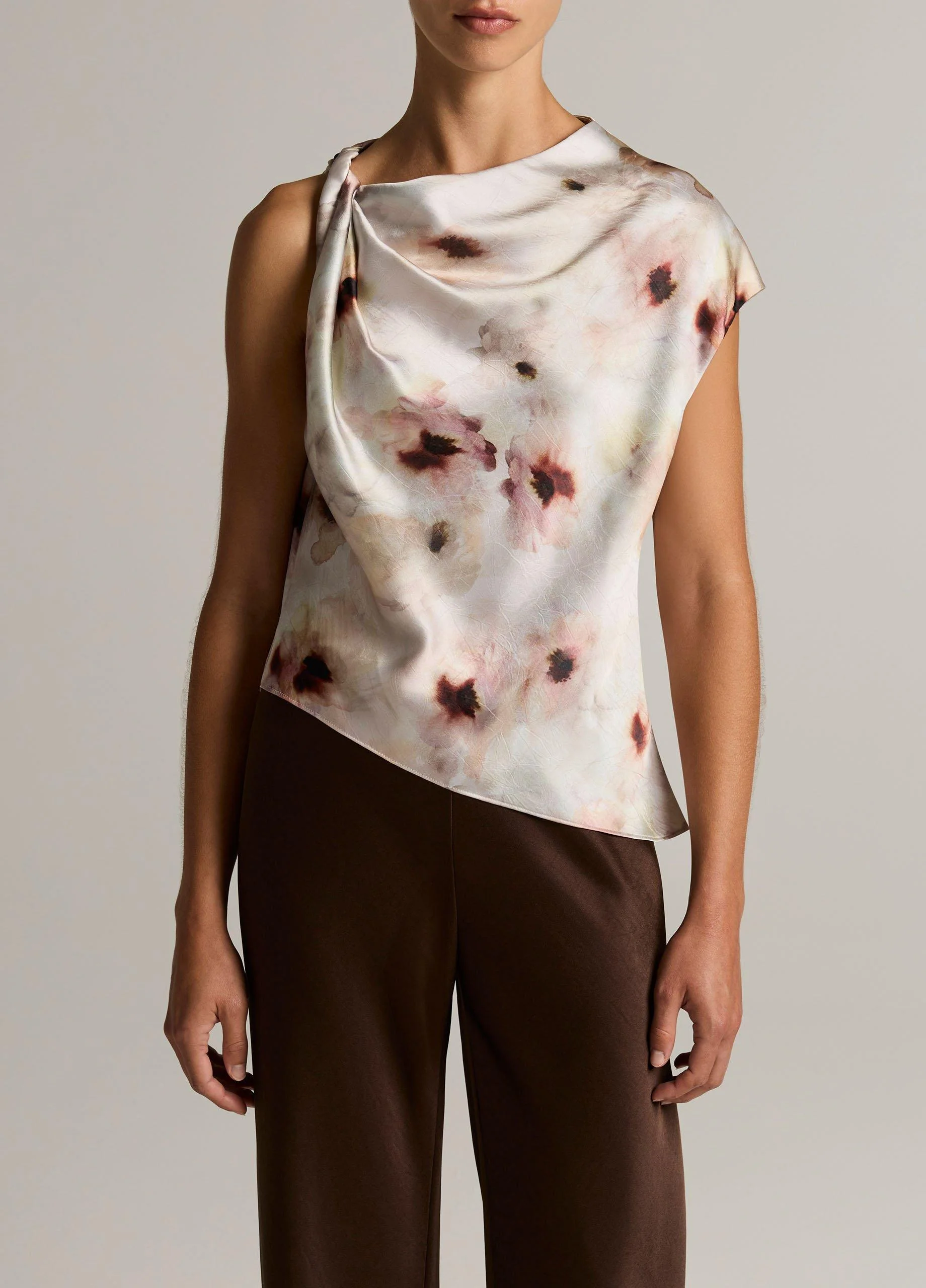 Watercolor Floral Satin Twist-Shoulder Top - 1