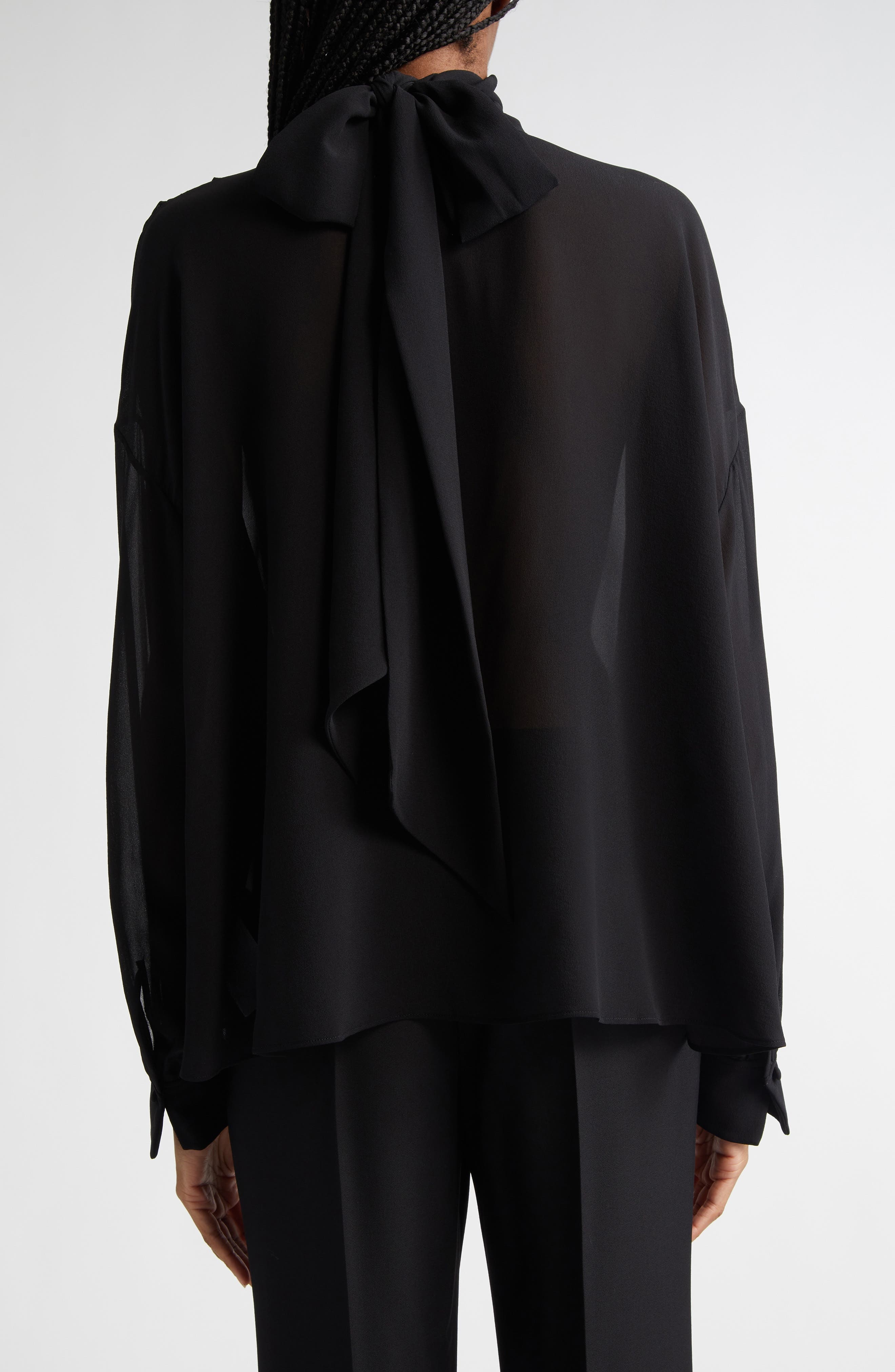 Chloé Draped Semisheer Silk Georgette Tie Neck Top in Black at Nordstrom - 3