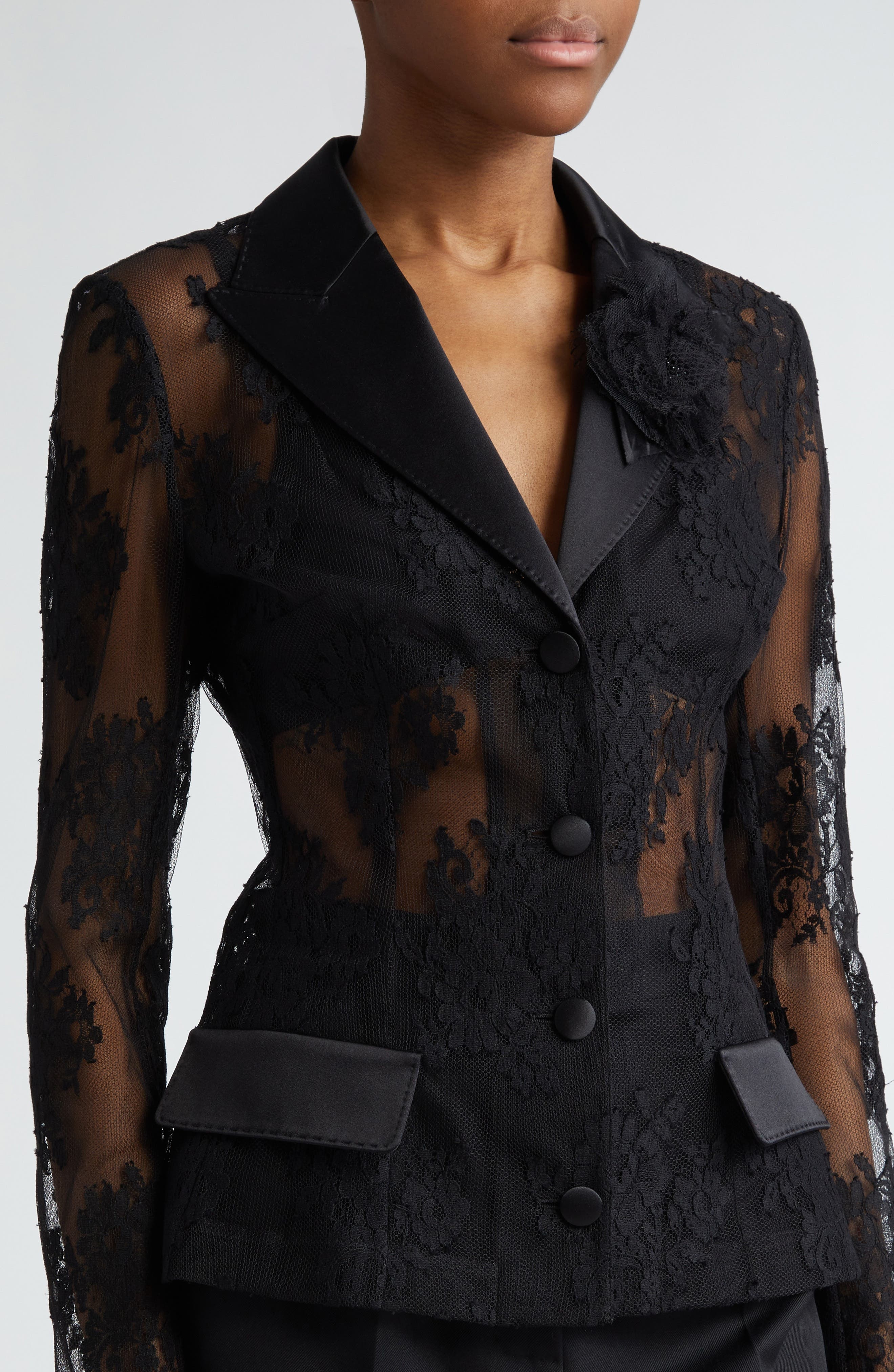 Sheer Floral Lace & Satin Jacket - 5