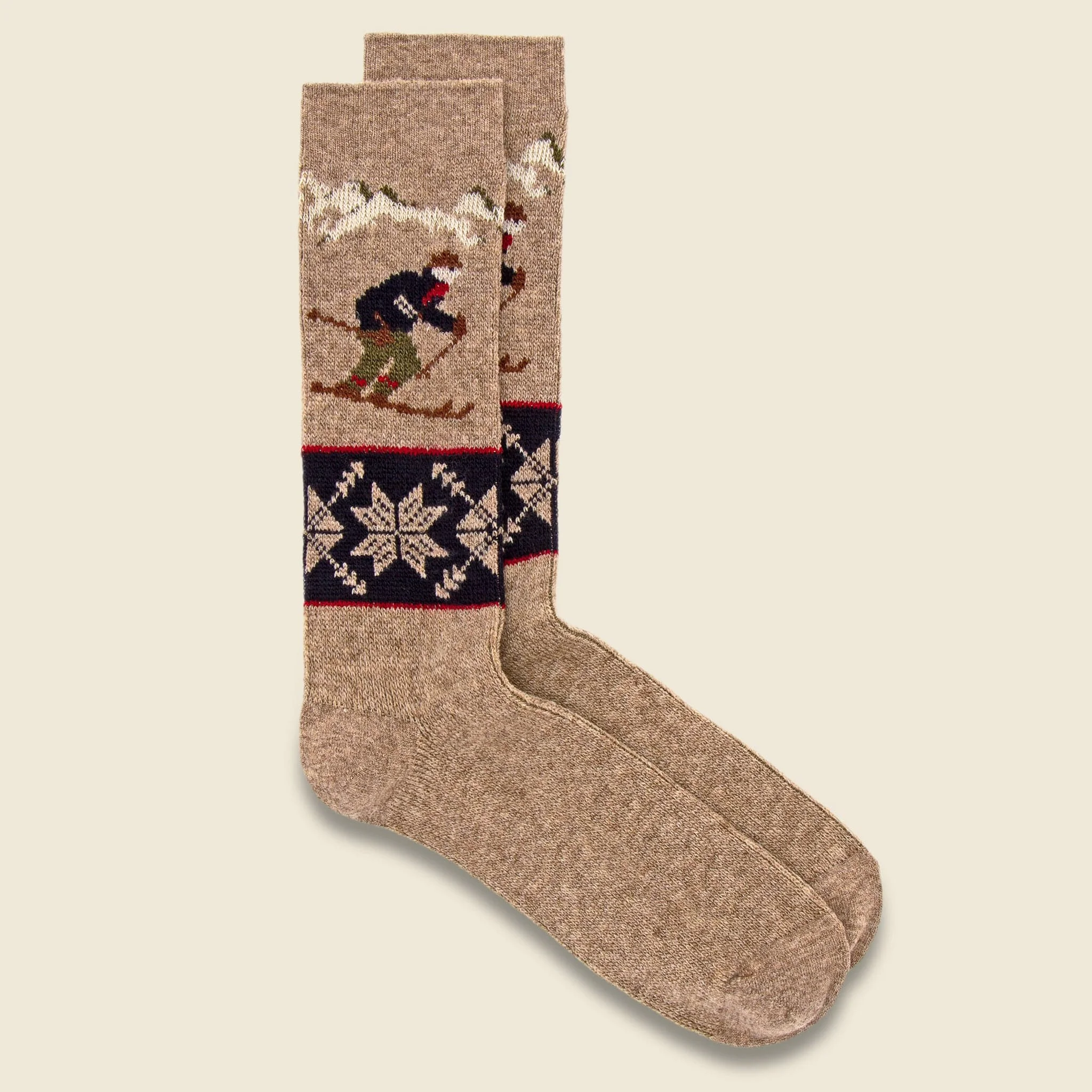 Wool Ski Jacquard Crew Sock - Beige - 1