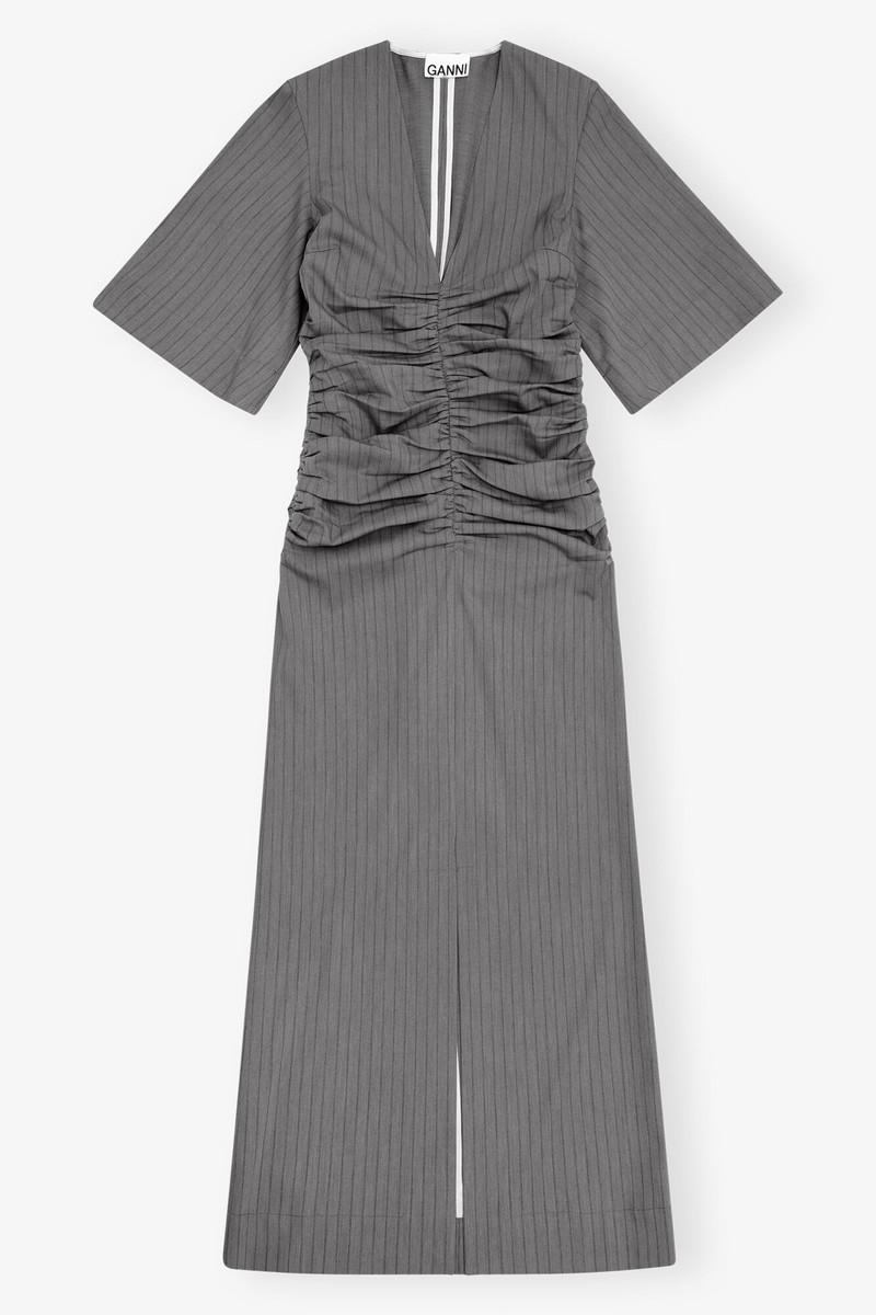 GANNI GREY STRIPED SUITING V-NECK FITTED DRESS - F9713 | REVERSIBLE