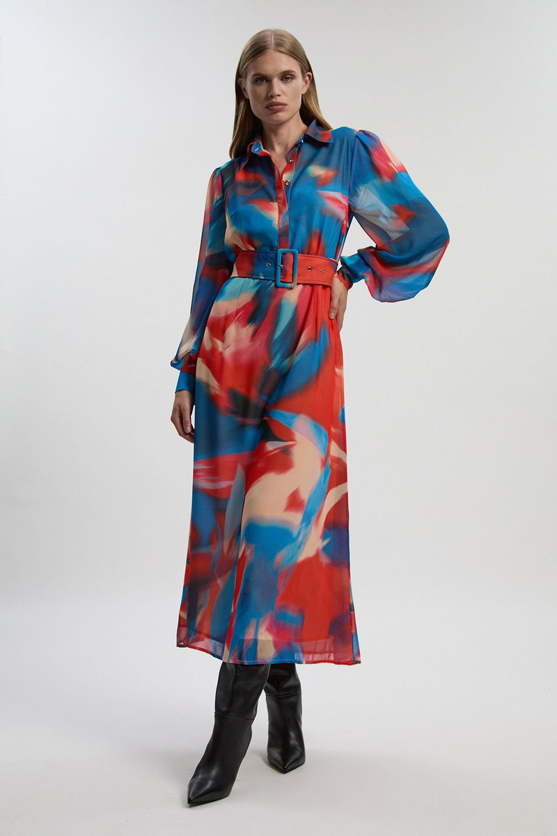 Georgette Belted Blur Print Woven Shirt Dress 1