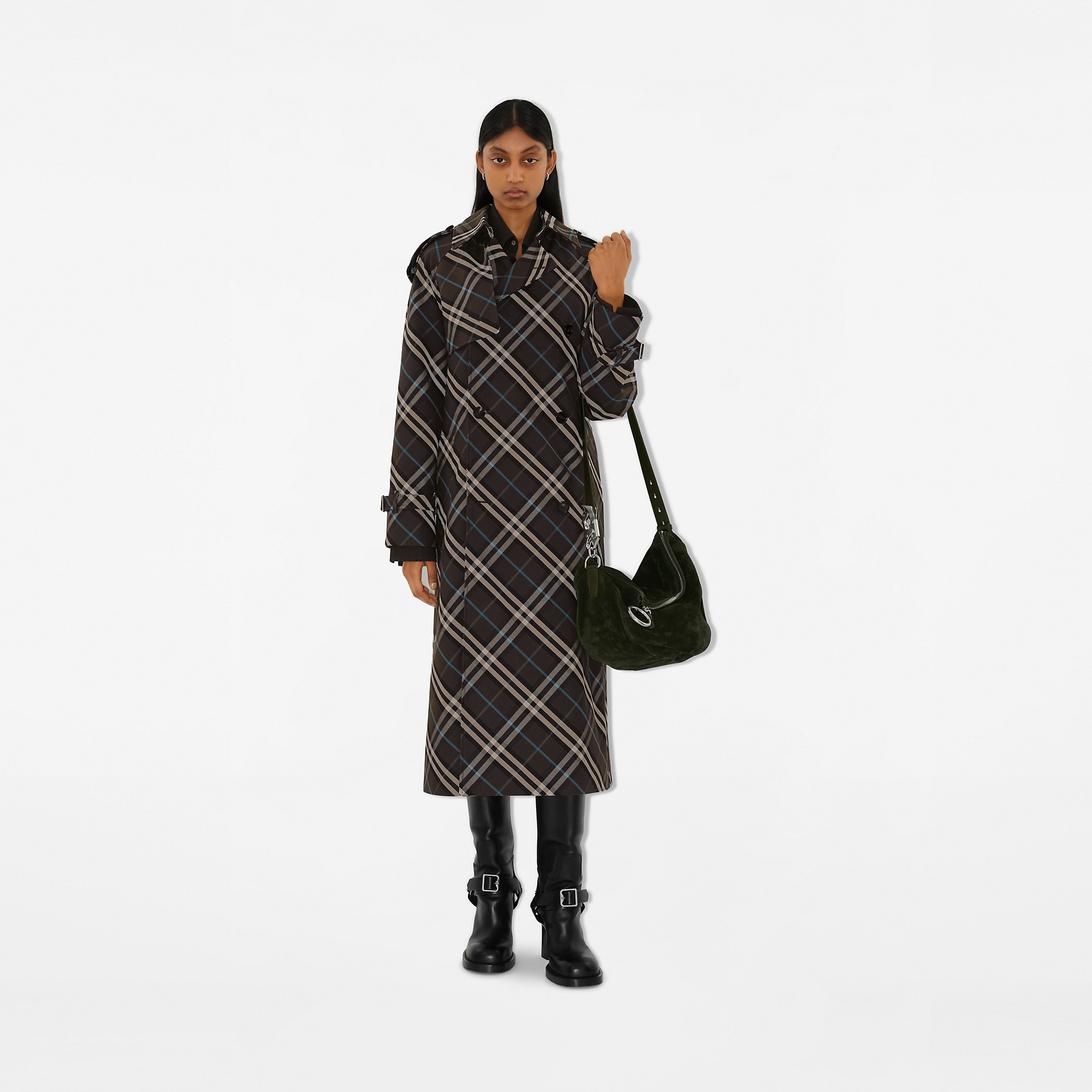 Long Check Cotton Blend Trench Coat - 2