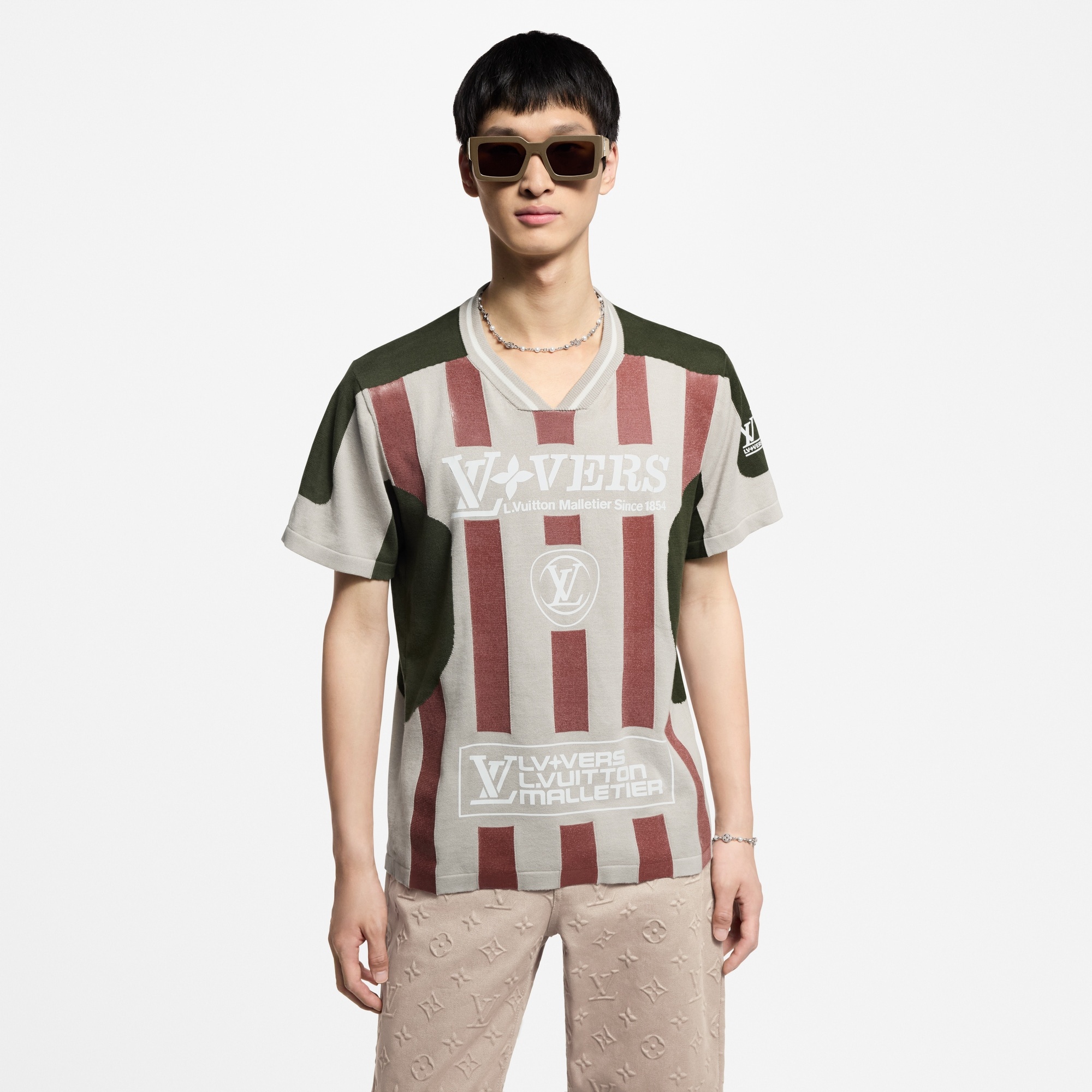 Intarsia Short-Sleeved V-Neck Top - 2