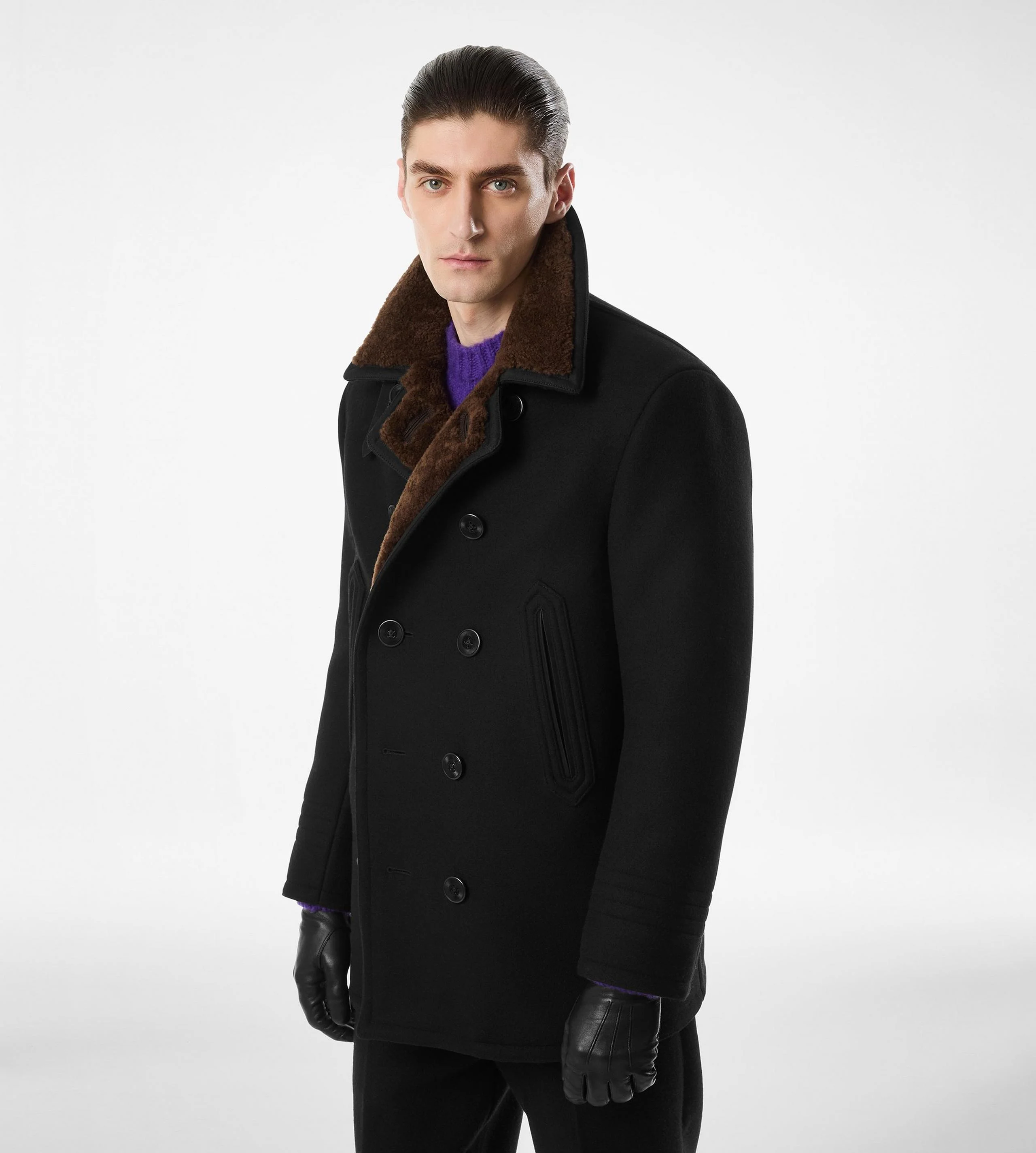 MELTON WOOL SHEARLING PEACOAT - 1