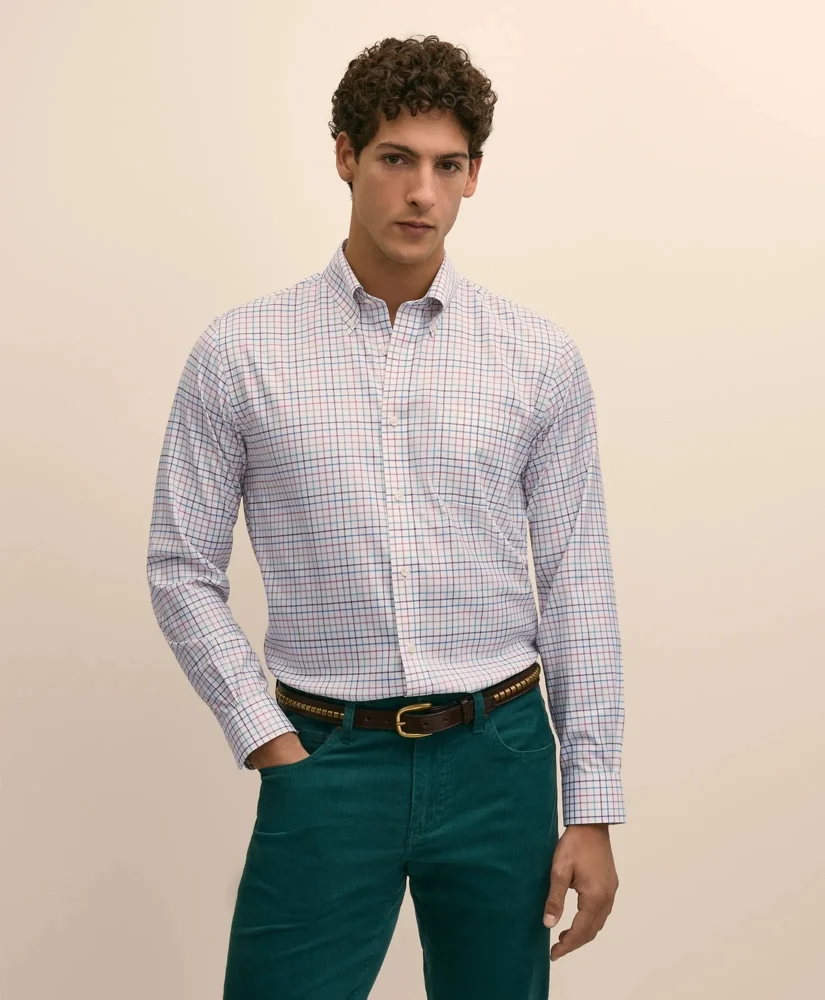 Stretch Cotton Non-Iron Twill Button Down Collar, Check Sport Shirt - 1