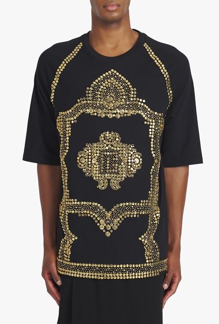 Oversized black cotton T-shirt with gold-tone studded embroidery - 5