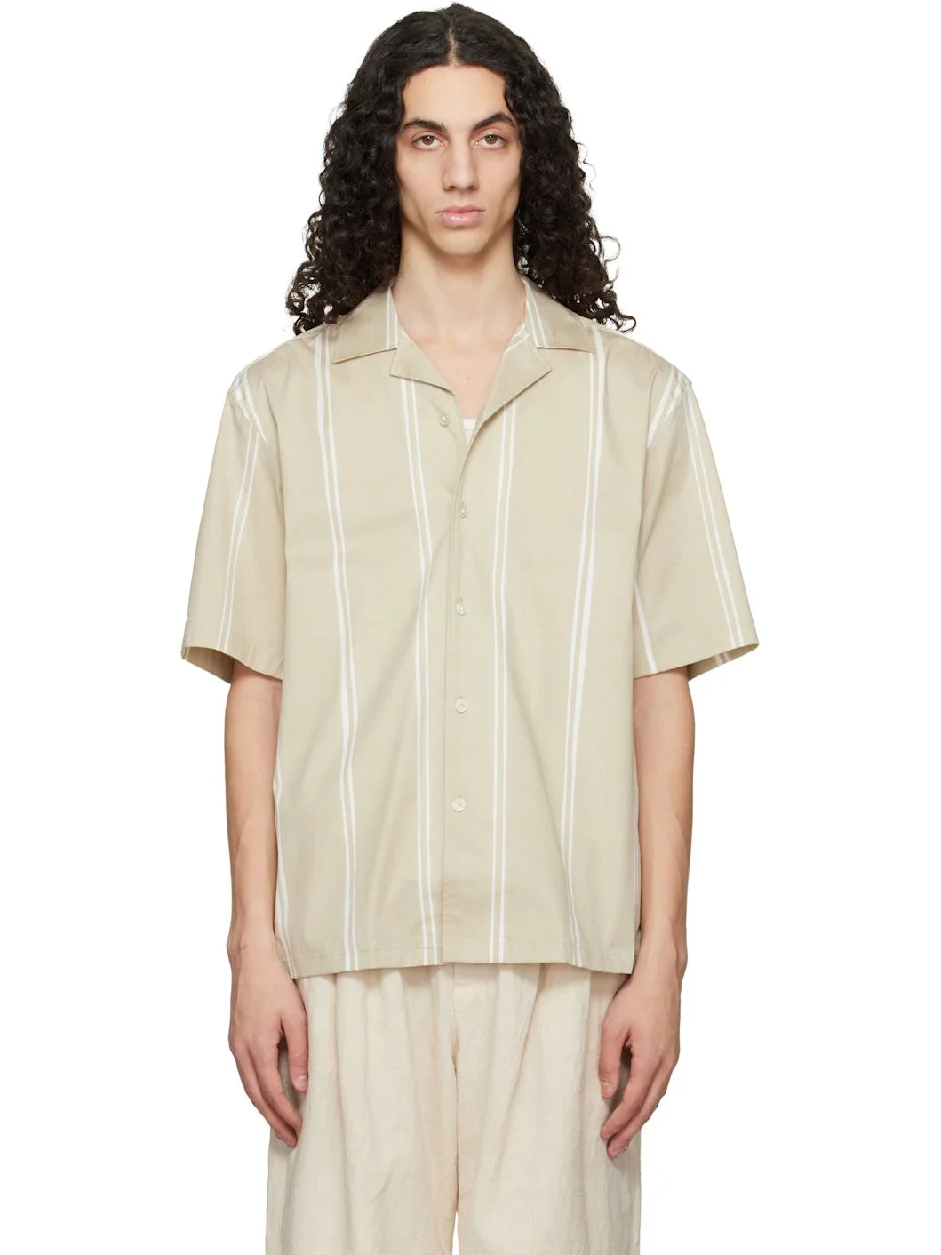 Beige Striped Relaxed-Fit Stretch Cotton Shirt - 1
