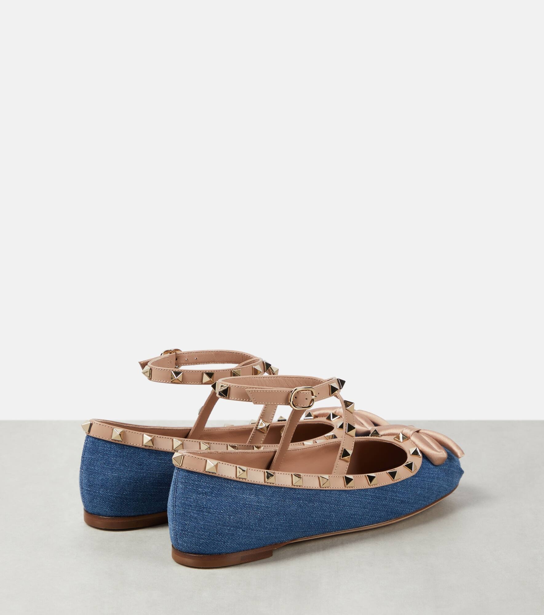 Rockstud leather-trimmed denim ballet flats - 3