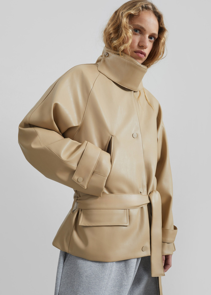 Viran Faux Leather Belted Jacket - Beige 5