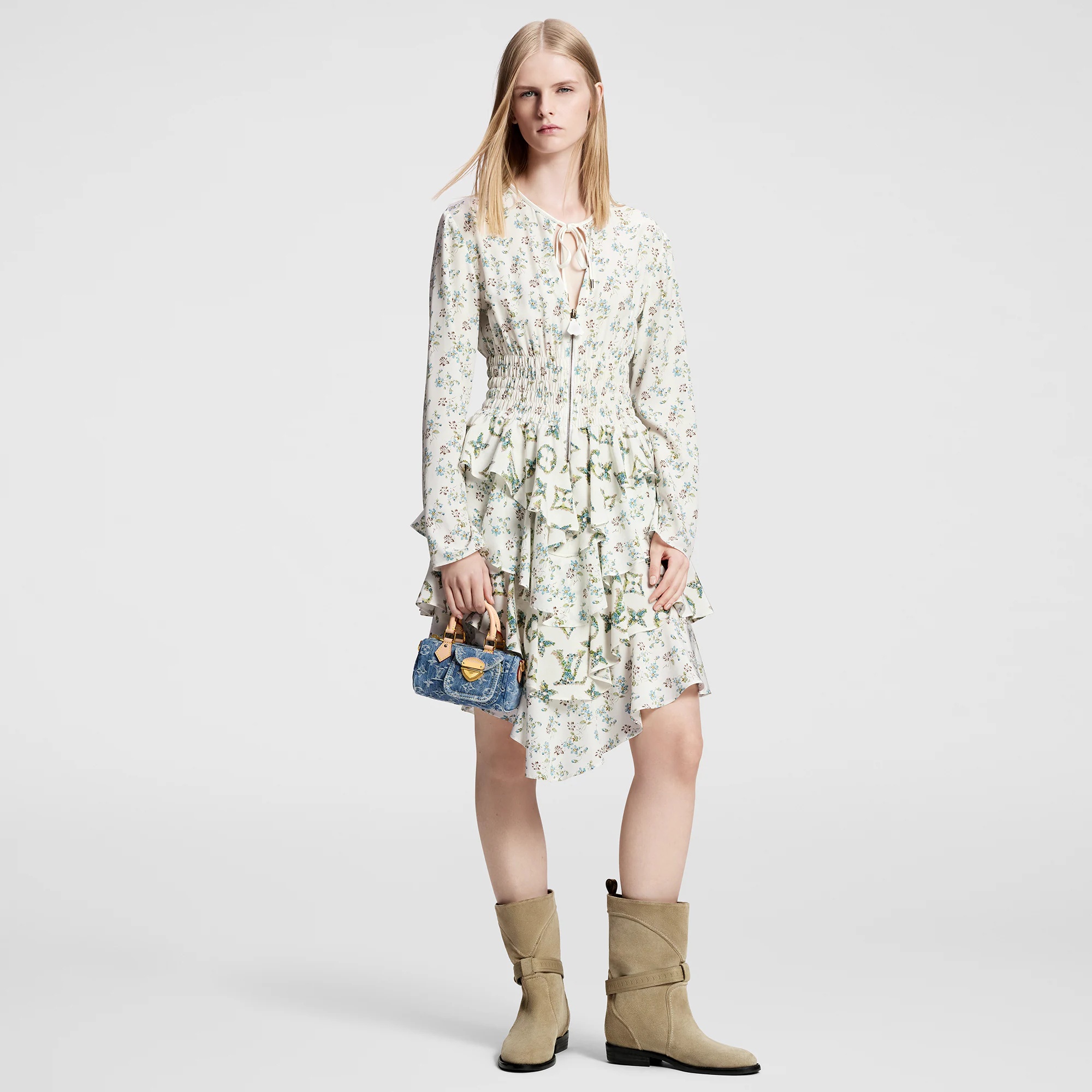 Floral Print Long-Sleeved Tiered Dress - 4