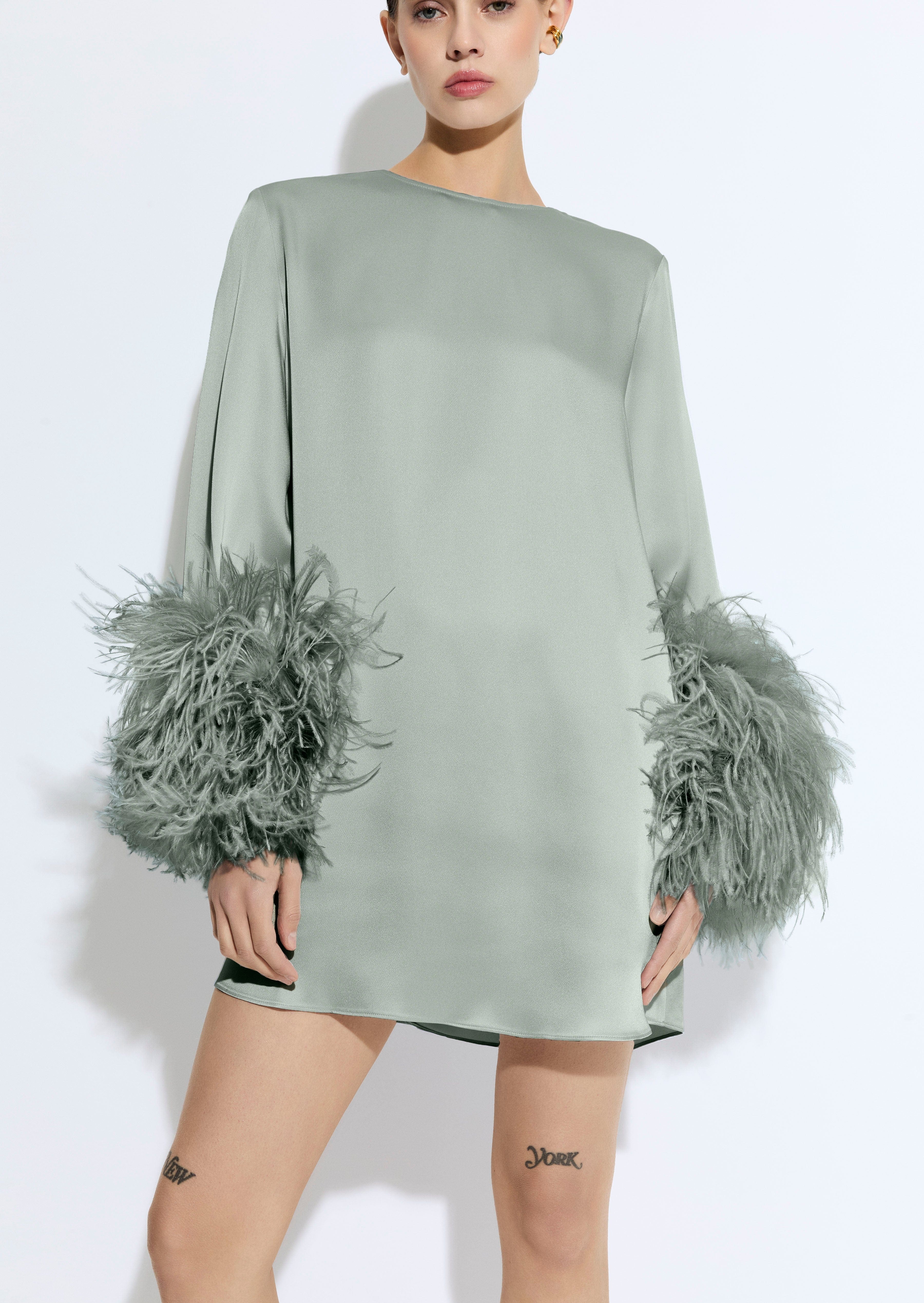 Satin Shift Dress With Feathers - 4