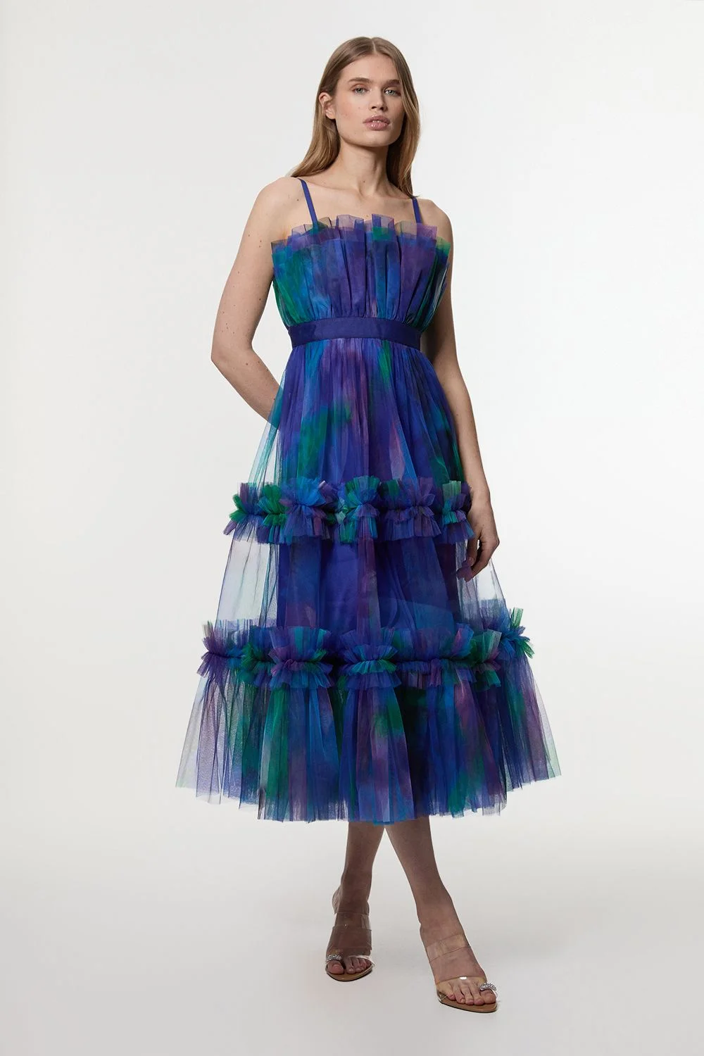 Dark Floral Tulle Bandeau Tiered Midi Woven Dress - 1