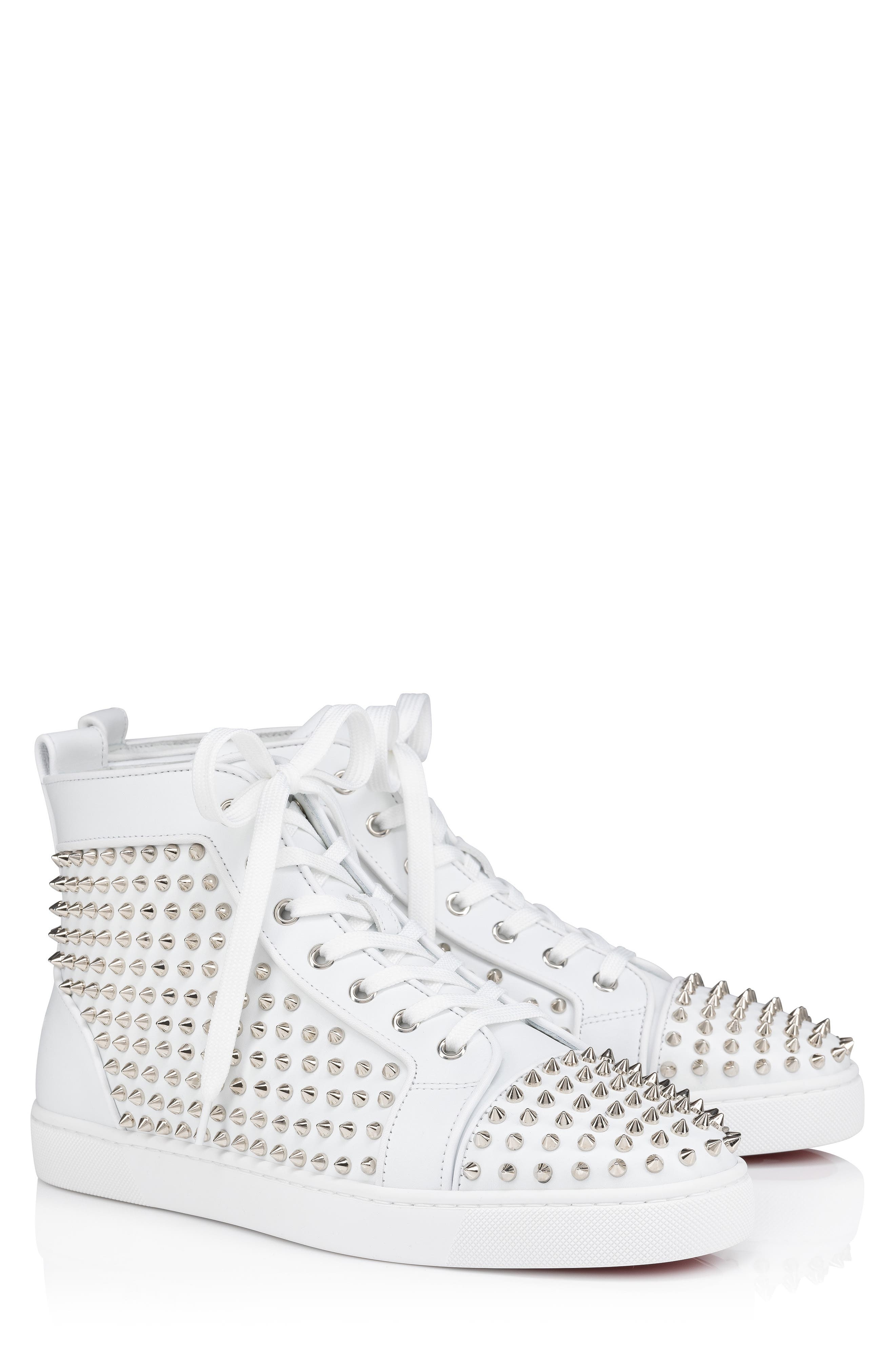 Christian Louboutin Louis Allover Spikes High Top Sneaker in White/Silver at Nordstrom - 1