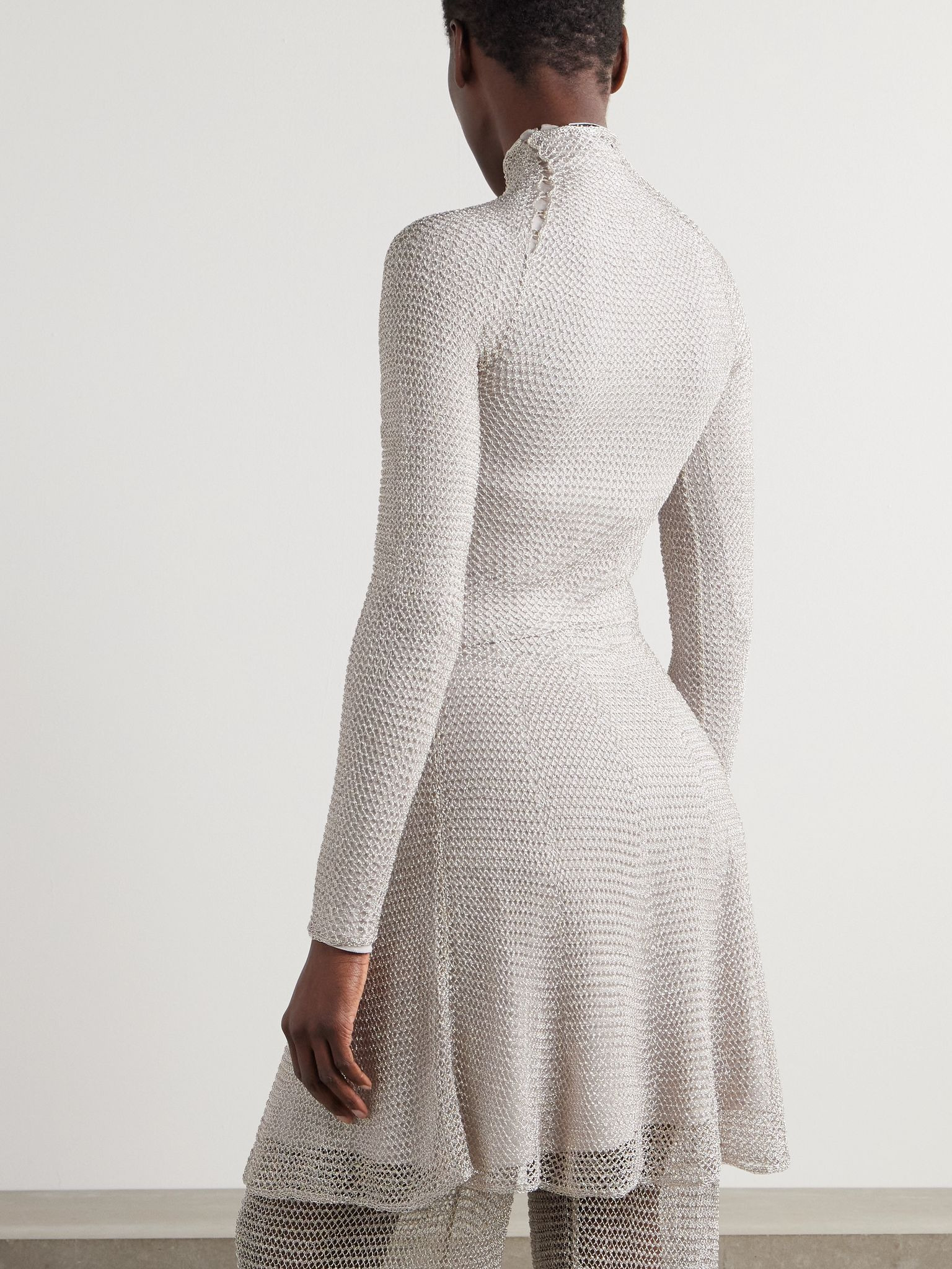 Metallic open-knit turtleneck mini dress Silver - 3