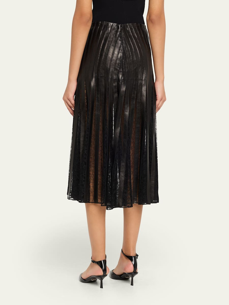 BRANDON MAXWELL Alix Lace-Inset Pleated Leather Midi Skirt outlook