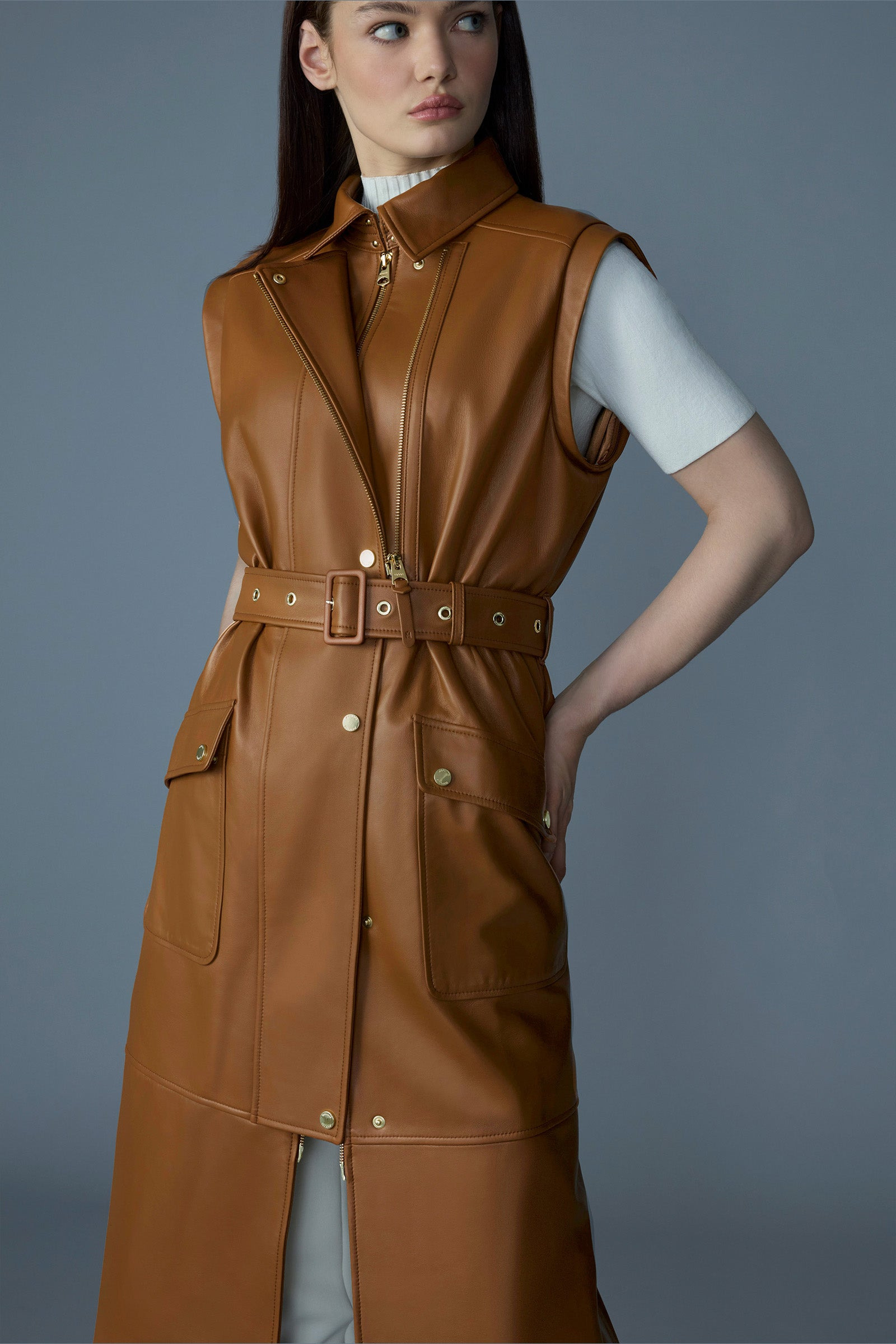 EVELINA 2-in-1 long Lamb Leather Coat with Removable Sleeves - 6