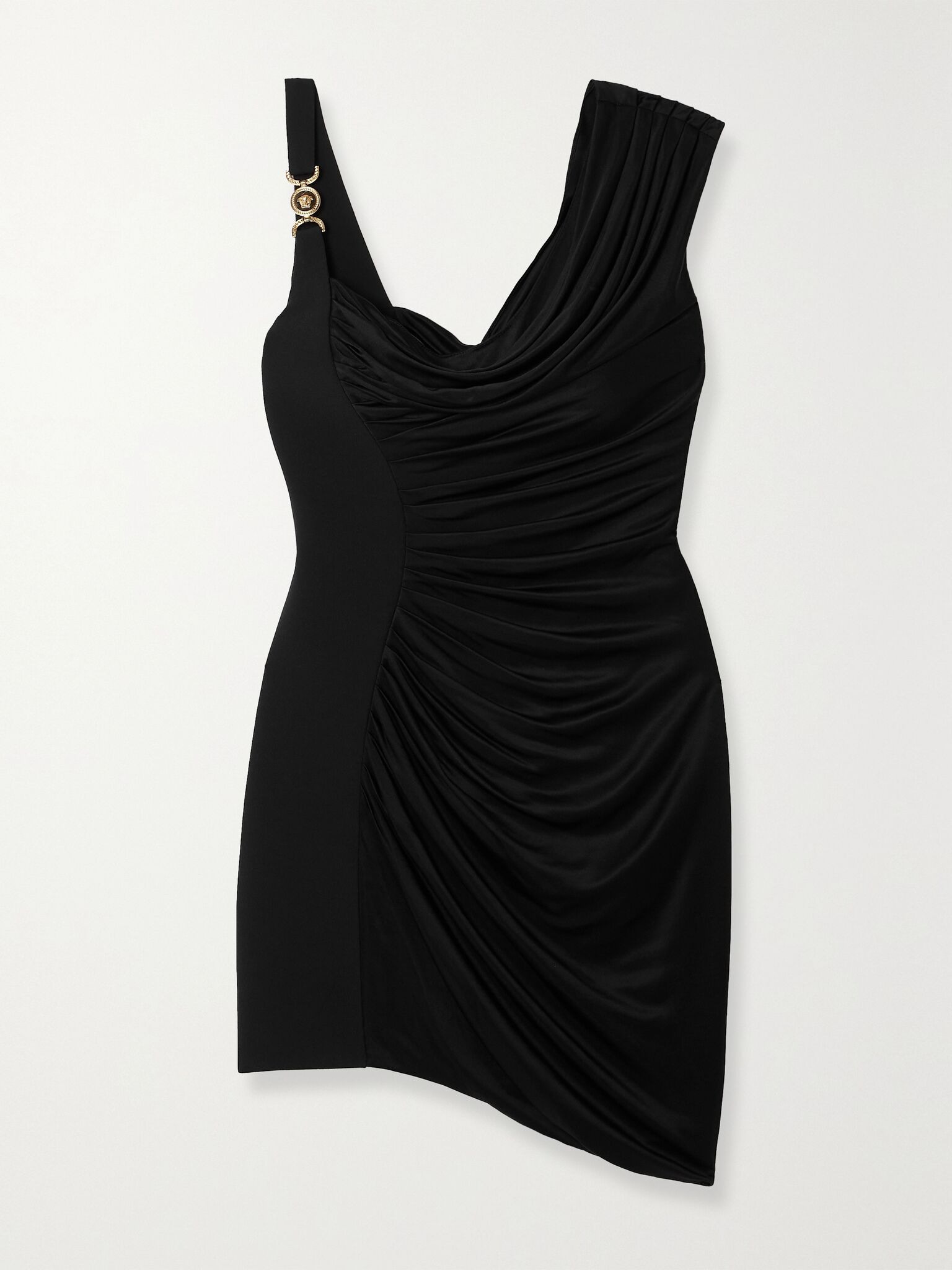 Asymmetric embellished draped jersey mini dress Black - 1